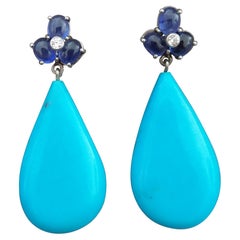 6 Oval Blue Sapphires Gold Diamonds Pear Shape Natural Turquoise Drops Earrings
