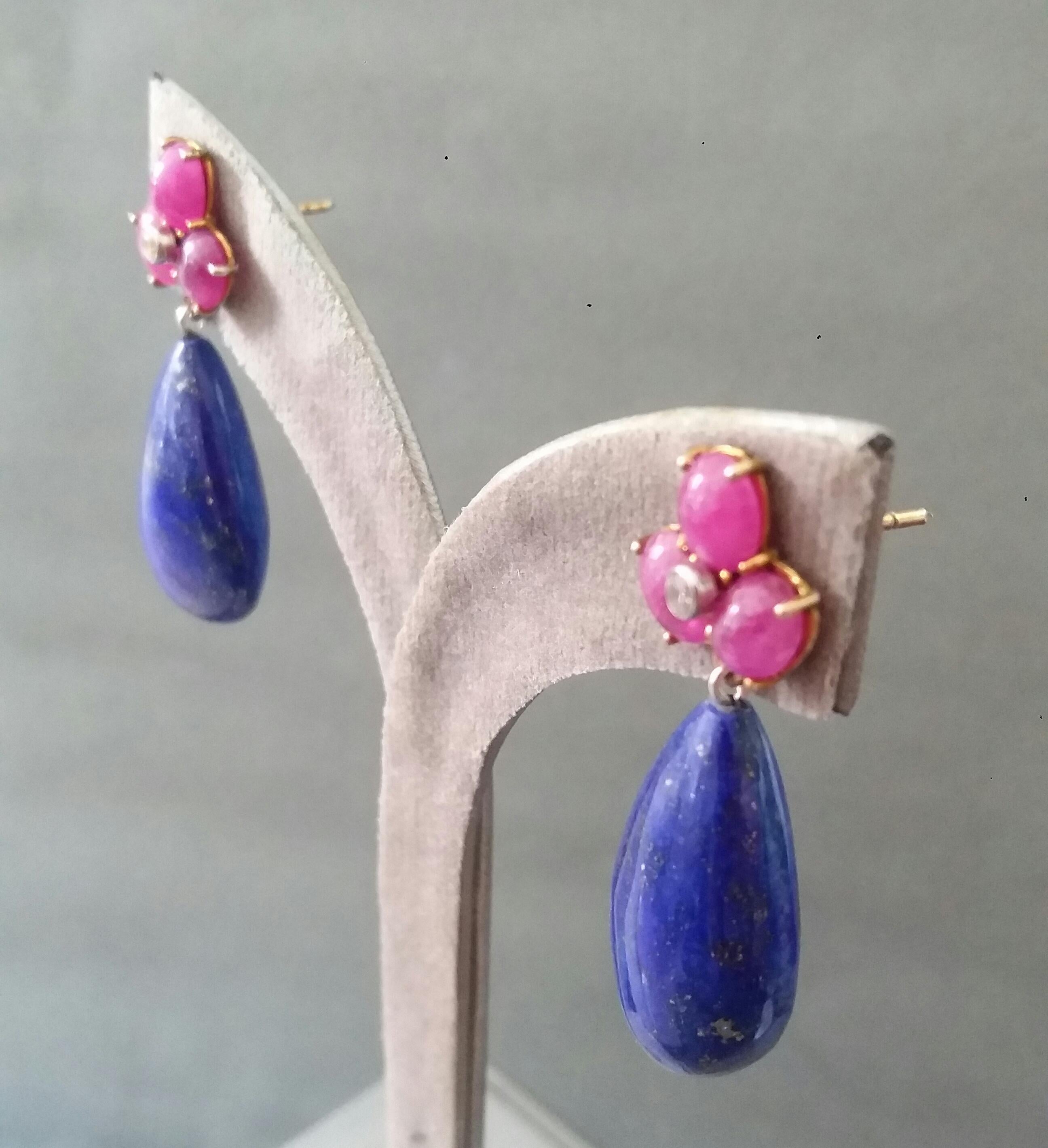 6 Oval Ruby Cabs Gold Diamonds Pear Shape Natural Lapis Lazuli Drops Earrings For Sale 4