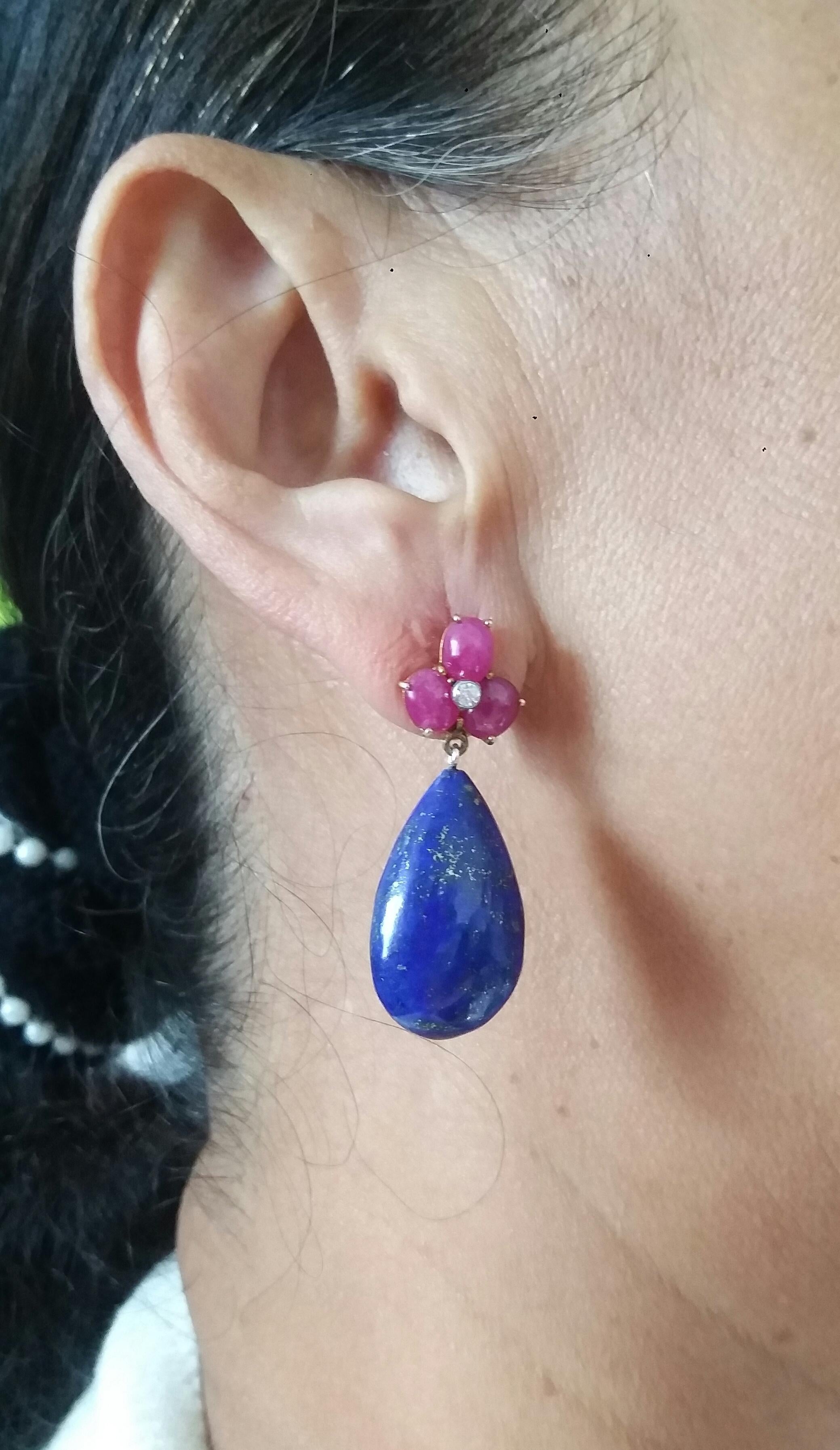6 Oval Ruby Cabs Gold Diamonds Pear Shape Natural Lapis Lazuli Drops Earrings For Sale 5