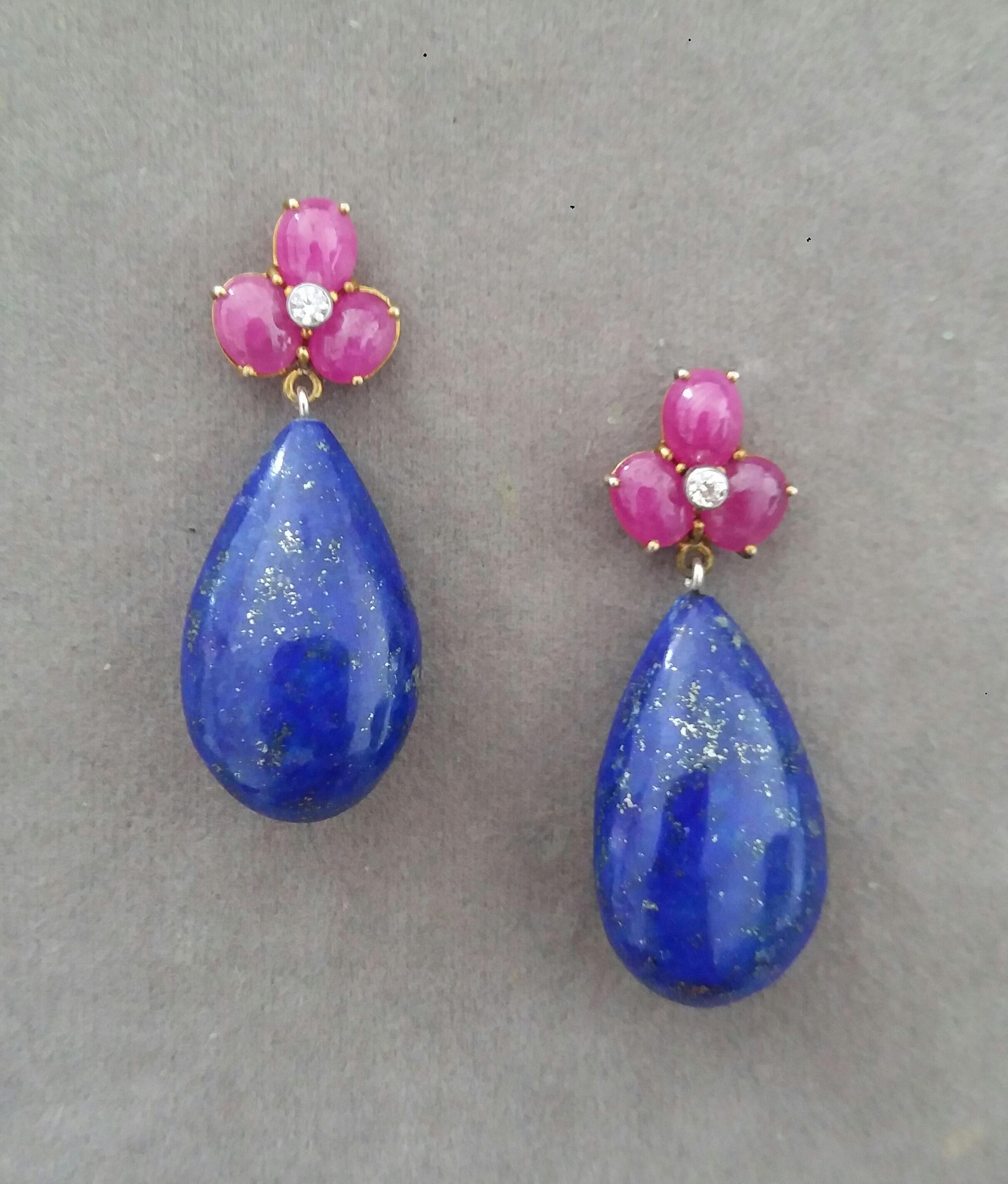 Artisan 6 Oval Ruby Cabs Gold Diamonds Pear Shape Natural Lapis Lazuli Drops Earrings For Sale