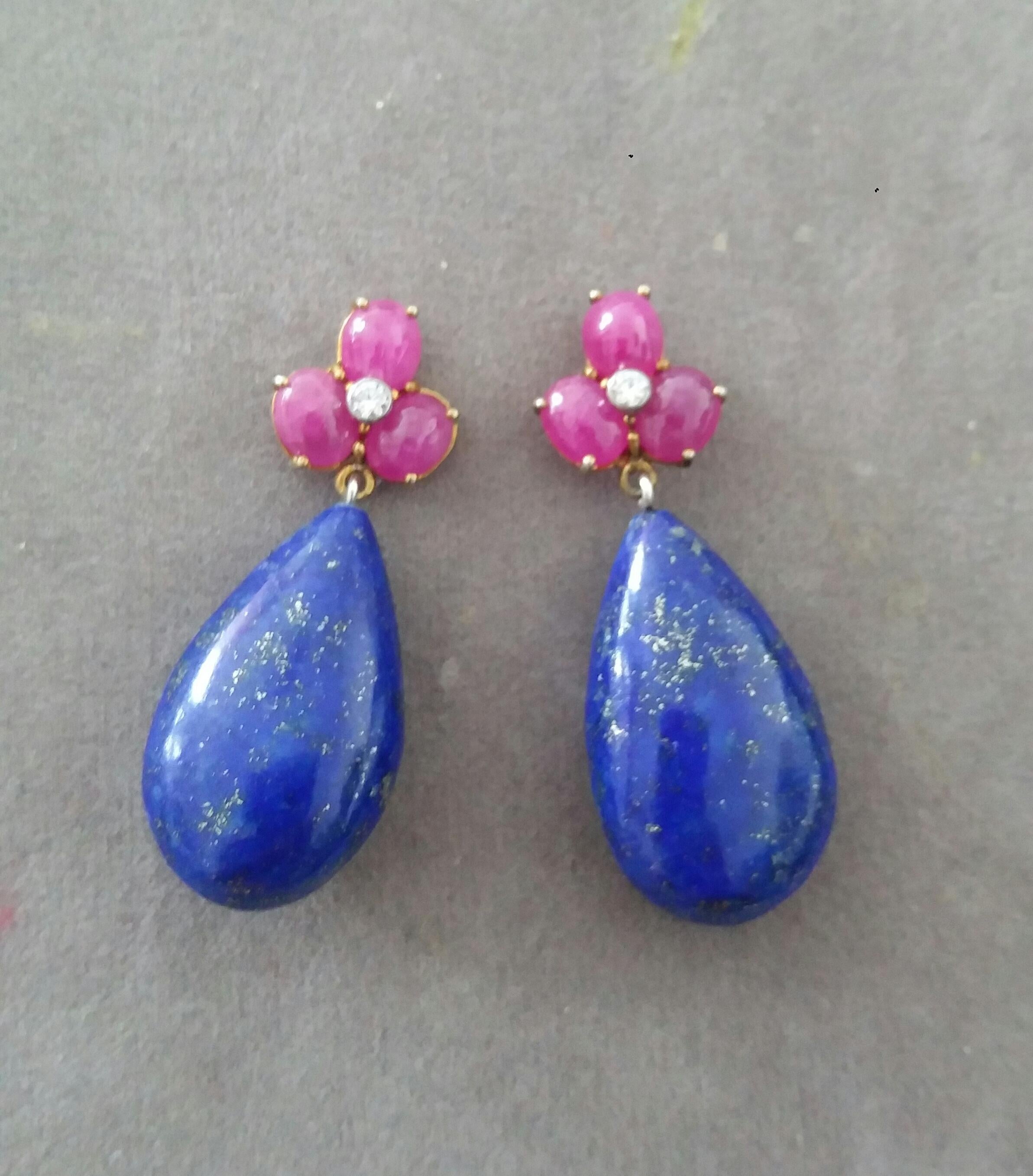 Mixed Cut 6 Oval Ruby Cabs Gold Diamonds Pear Shape Natural Lapis Lazuli Drops Earrings For Sale
