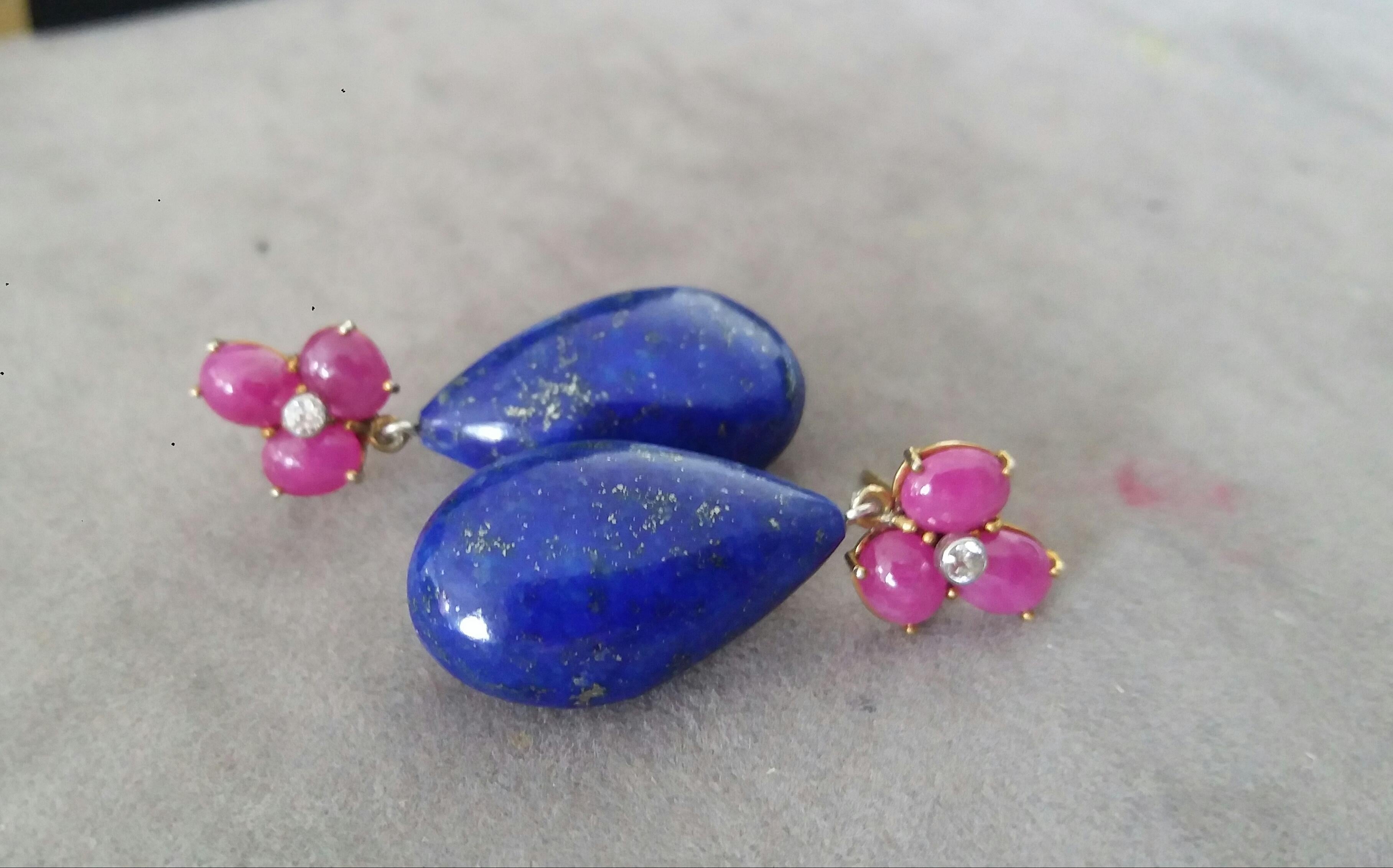 6 Oval Ruby Cabs Gold Diamonds Pear Shape Natural Lapis Lazuli Drops Earrings In New Condition For Sale In Bangkok, TH