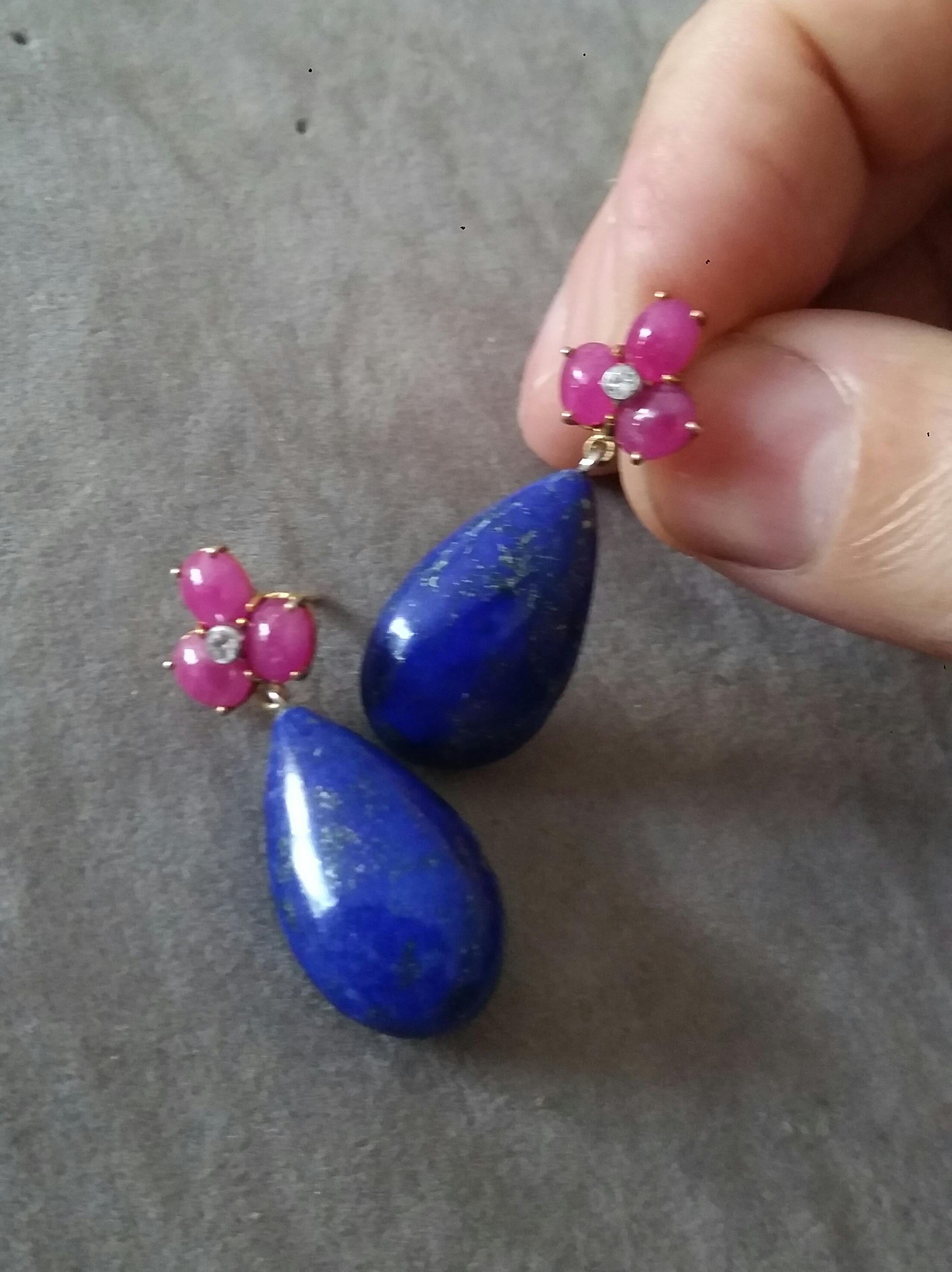 Women's 6 Oval Ruby Cabs Gold Diamonds Pear Shape Natural Lapis Lazuli Drops Earrings For Sale