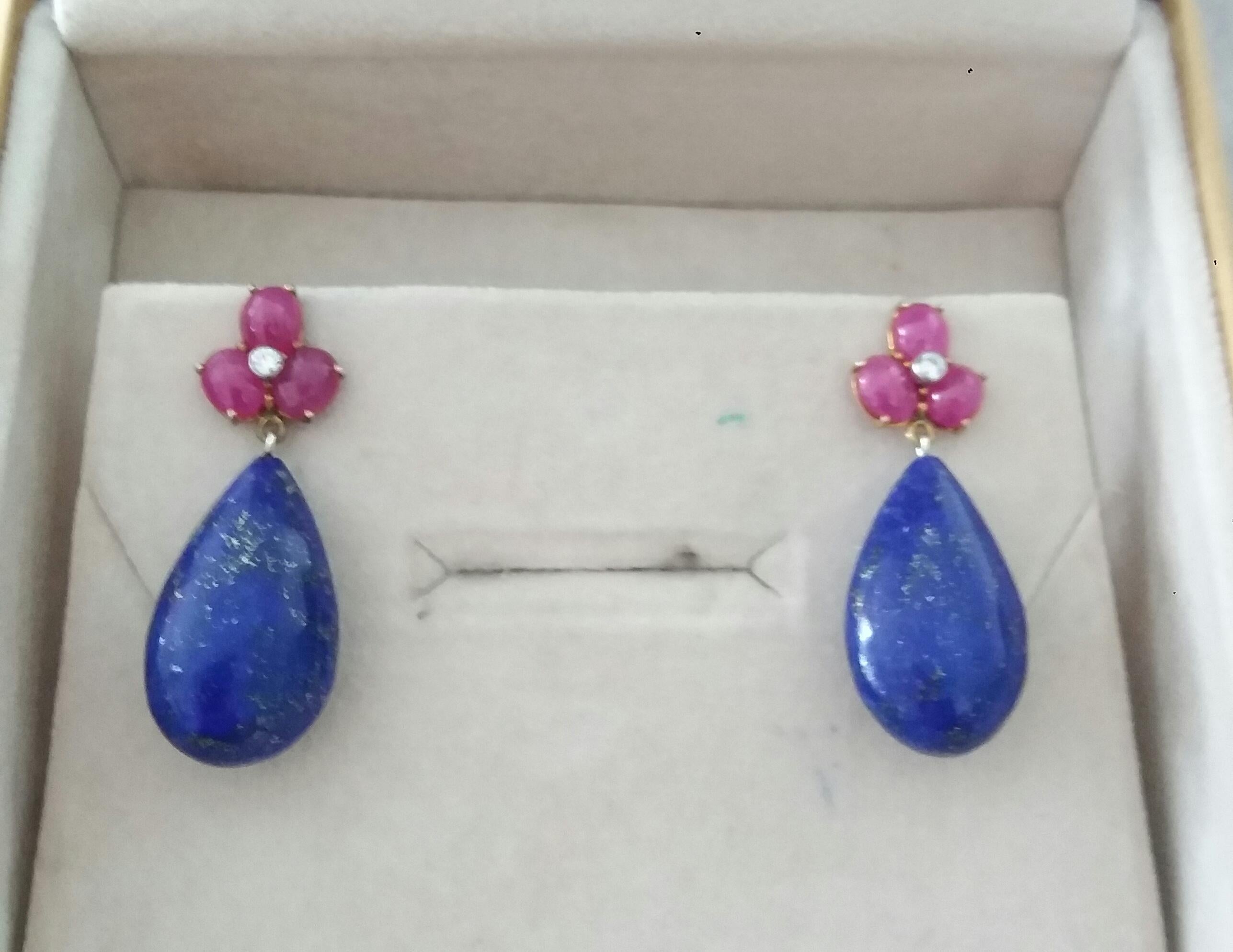 6 Oval Ruby Cabs Gold Diamonds Pear Shape Natural Lapis Lazuli Drops Earrings For Sale 1
