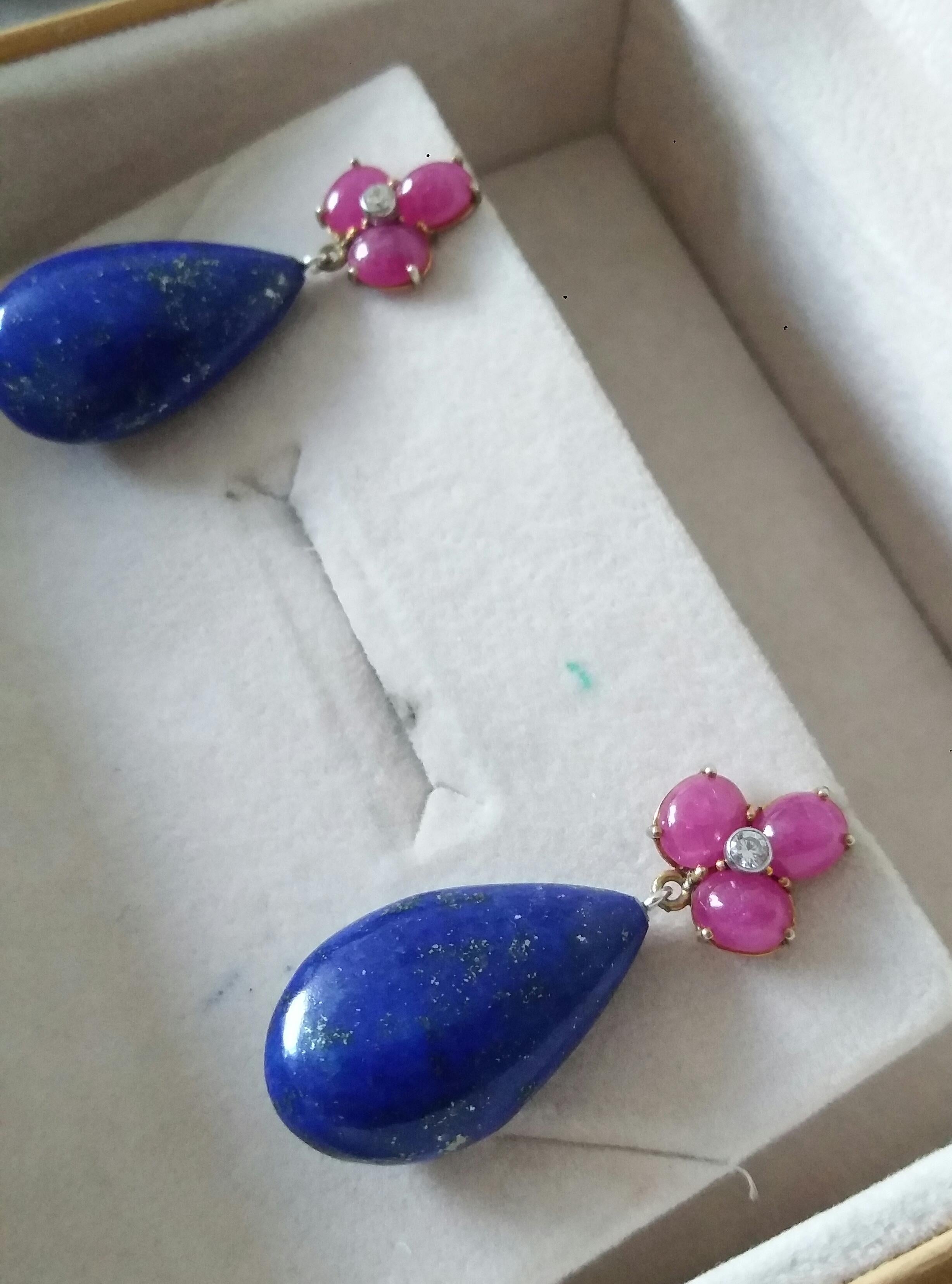 6 Oval Ruby Cabs Gold Diamonds Pear Shape Natural Lapis Lazuli Drops Earrings For Sale 2