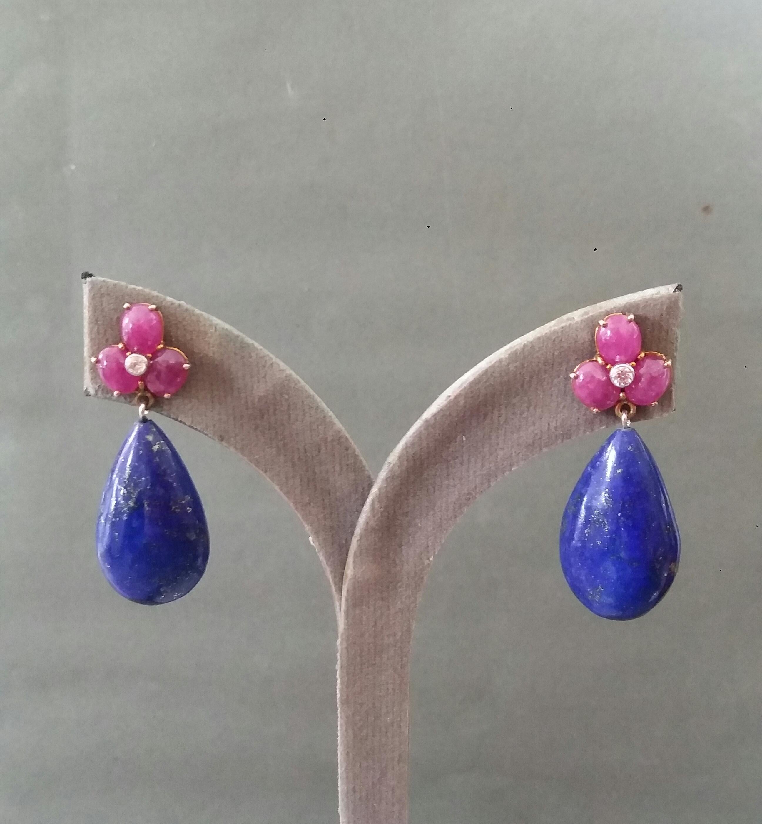 6 Oval Ruby Cabs Gold Diamonds Pear Shape Natural Lapis Lazuli Drops Earrings For Sale 3