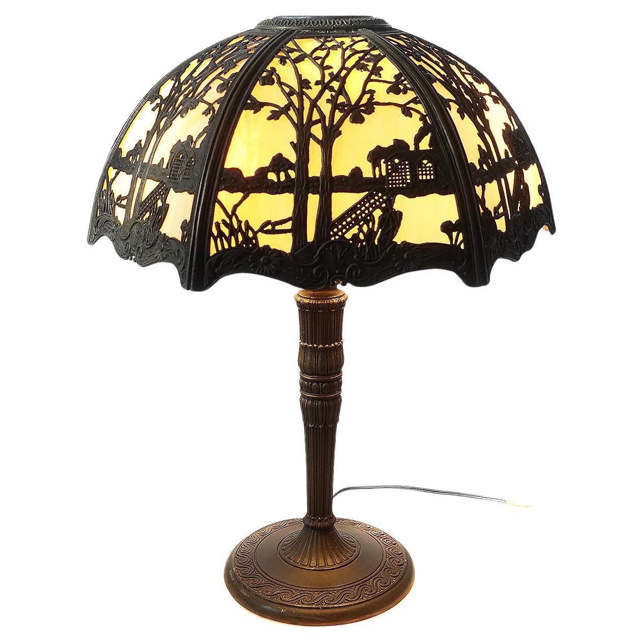 6 Panel Slump Glass Table Lamp with Landscape Filigree Overlay For Sale