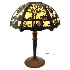 Vintage 6 Panel Slump Glass Table Lamp with Landscape Filigree Overlay