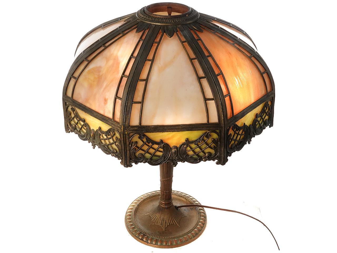 Arts and Crafts 6 Panel Slump Glass Table Lamp with Latticework Filigree Overlay For Sale