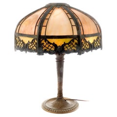 Antique 6 Panel Slump Glass Table Lamp with Latticework Filigree Overlay