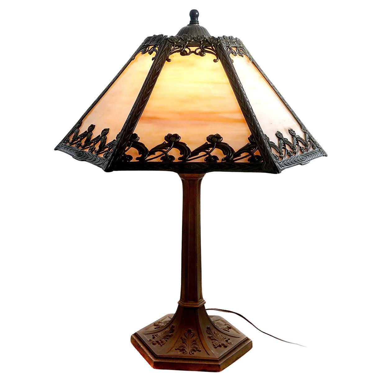 6 Panel Stained Glass Table Lamp with Floral Filigree Overlay For Sale