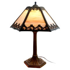 Vintage 6 Panel Stained Glass Table Lamp with Floral Filigree Overlay