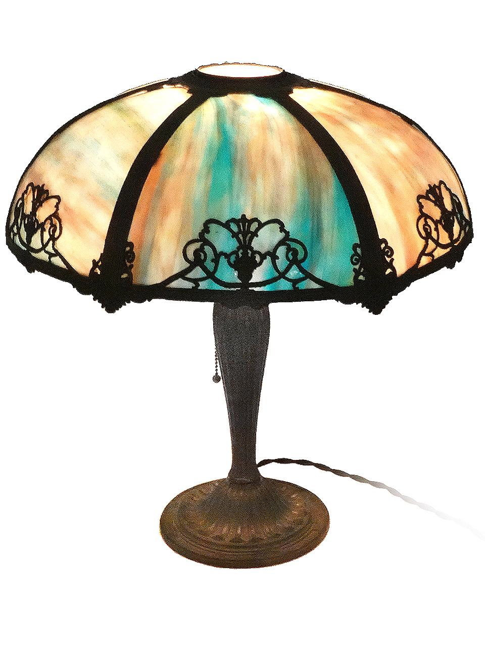 Victorian 6 Panel Unique Color Slump Glass Table Lamp with Decorative Filigree Overlay For Sale