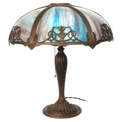 Antique 6 Panel Unique Color Slump Glass Table Lamp with Decorative Filigree Overlay