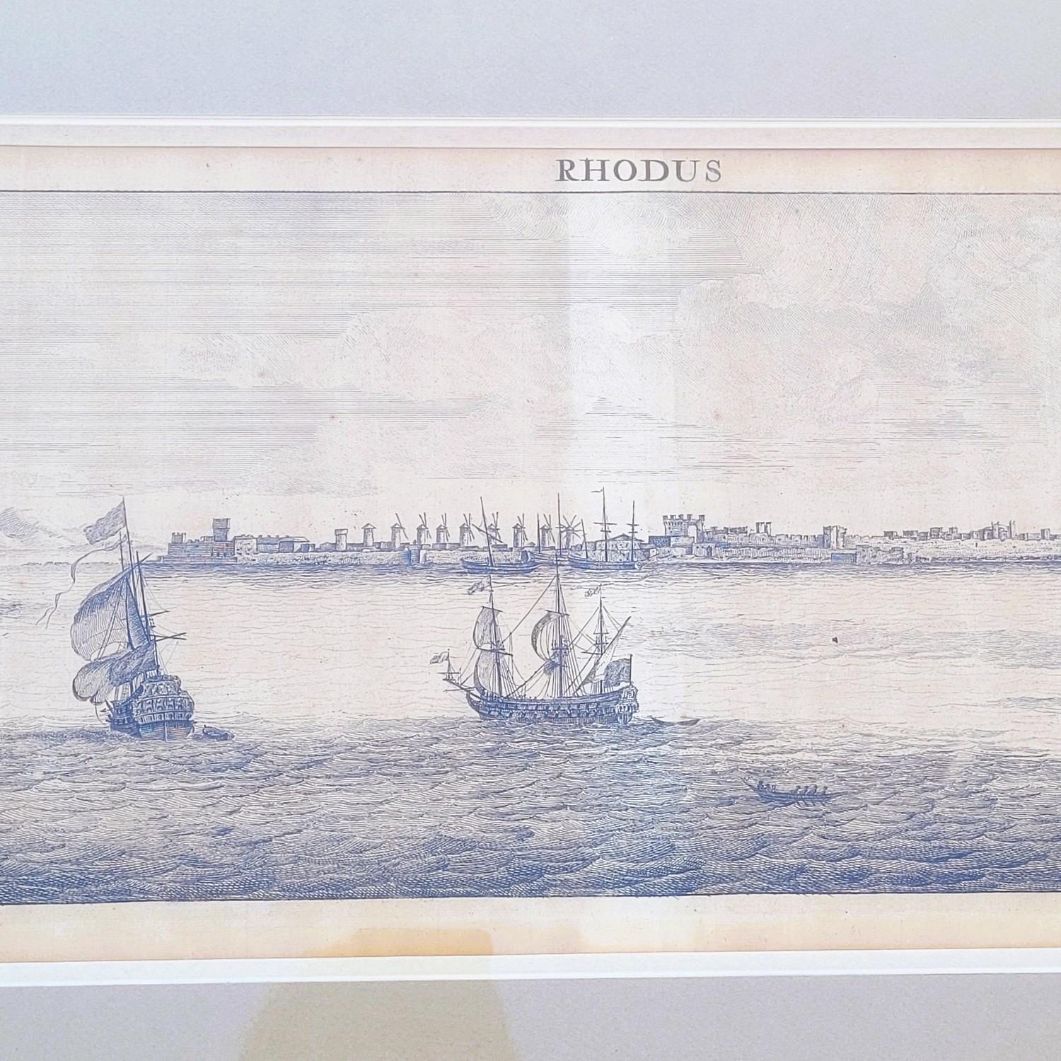 Conjunto de 6 grabados enmarcados que representan vistas panorámicas de ciudades del Mediterráneo oriental:  
 * Rhodus: 2 vistas (Grecia) 
 * Rama o Rameh (Israel)  
* Tiro (Tiro, Líbano) 
 * Sattalia (actual Antalya, Turquía)
  * Belén