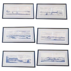 6 Panoramic Views Of Mediterranean Cities, Framed Engravings, 19th Century