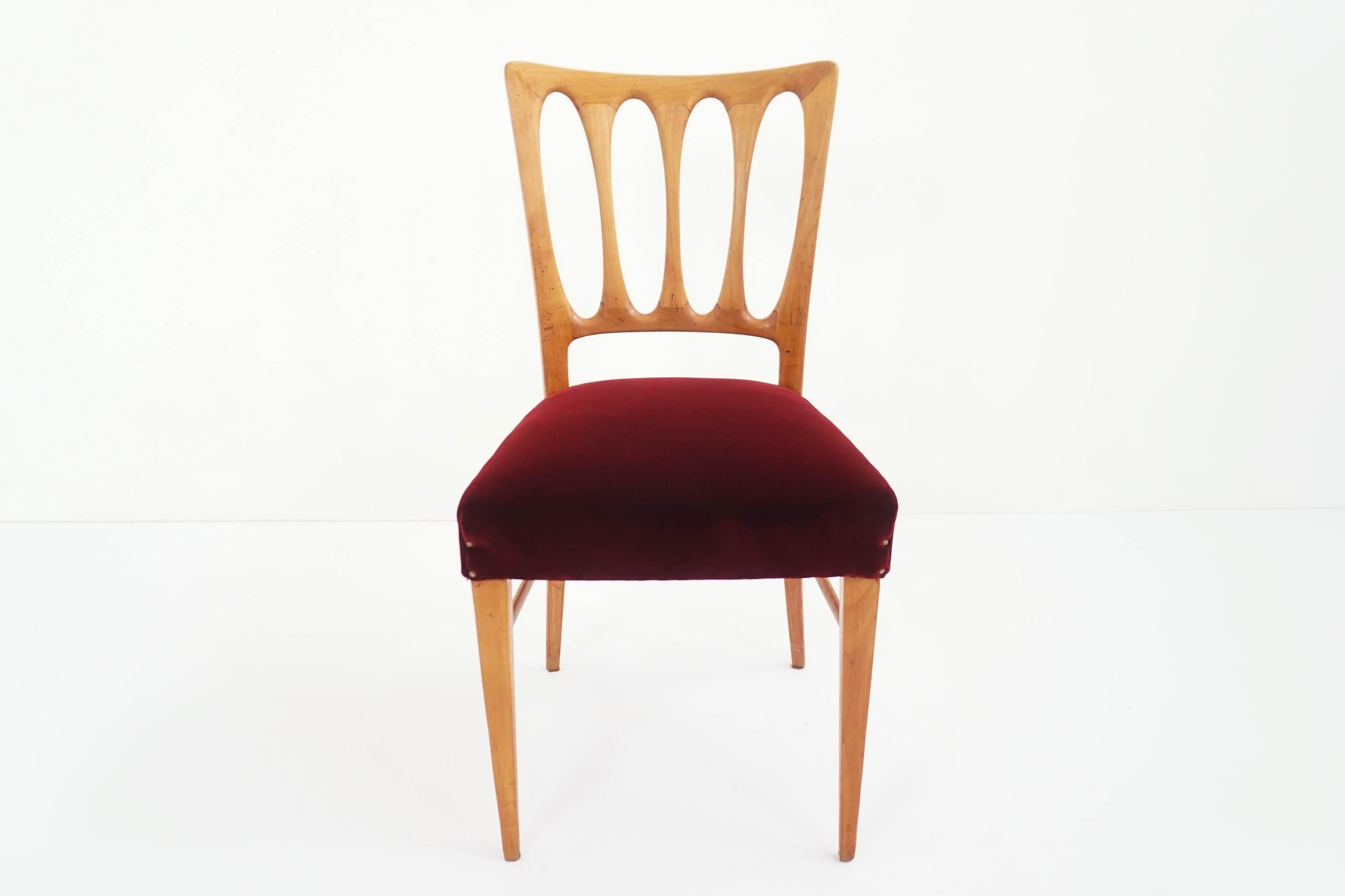 Mid-20th Century 6 Paolo Buffa, 1950 Italian Dining Chairs in Turned Ash and Deep Red Velvet