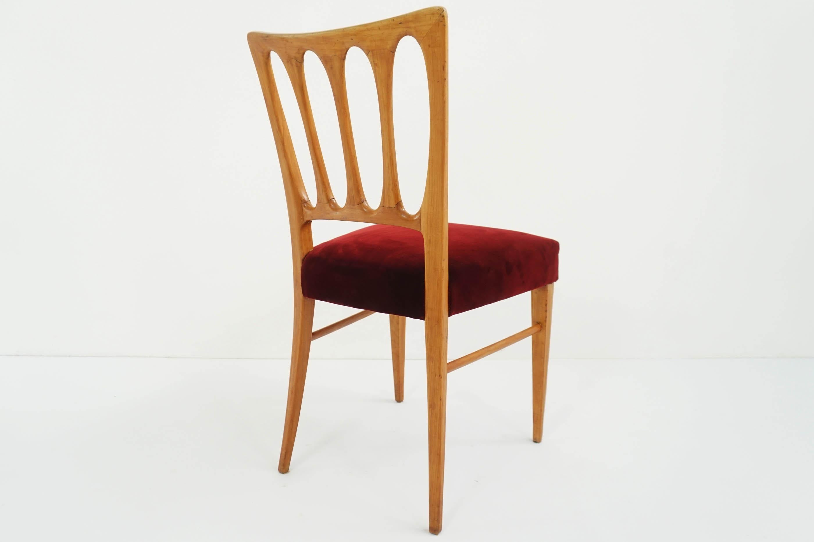 Upholstery 6 Paolo Buffa, 1950 Italian Dining Chairs in Turned Ash and Deep Red Velvet