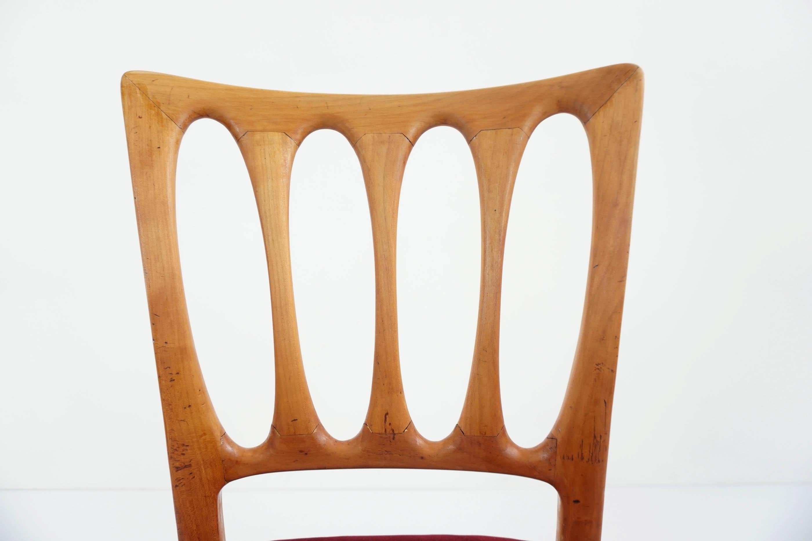 6 Paolo Buffa, 1950 Italian Dining Chairs in Turned Ash and Deep Red Velvet 1