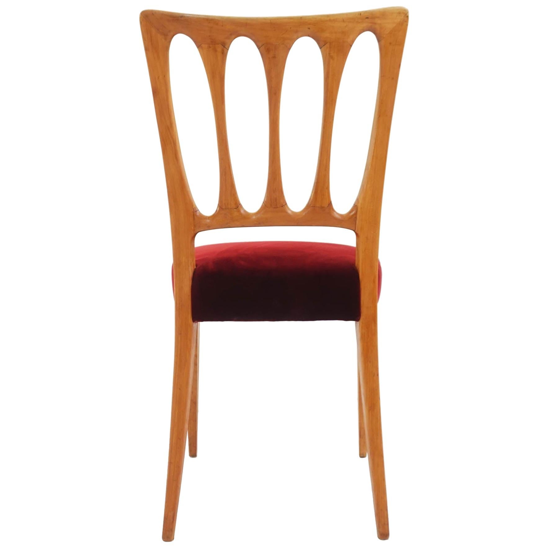 6 Paolo Buffa, 1950 Italian Dining Chairs in Turned Ash and Deep Red Velvet