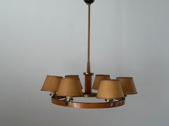 6 Paper Head Wood Frame with Brass Details Large Chandelier, 1960s, Germany