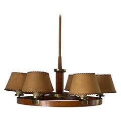 6 Paper Head Wood Frame with Brass Details Large Chandelier, 1960s, Germany