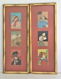 6 Paul Jacoulet Gerahmte Surimono-Holzschnitte