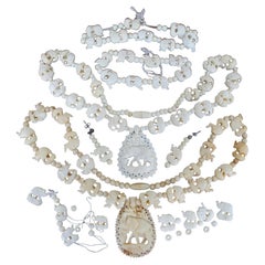 Vintage 6 Pc Midcentury Carved Bone Elephant Bead Jewelry Necklace Bracelet Earrings