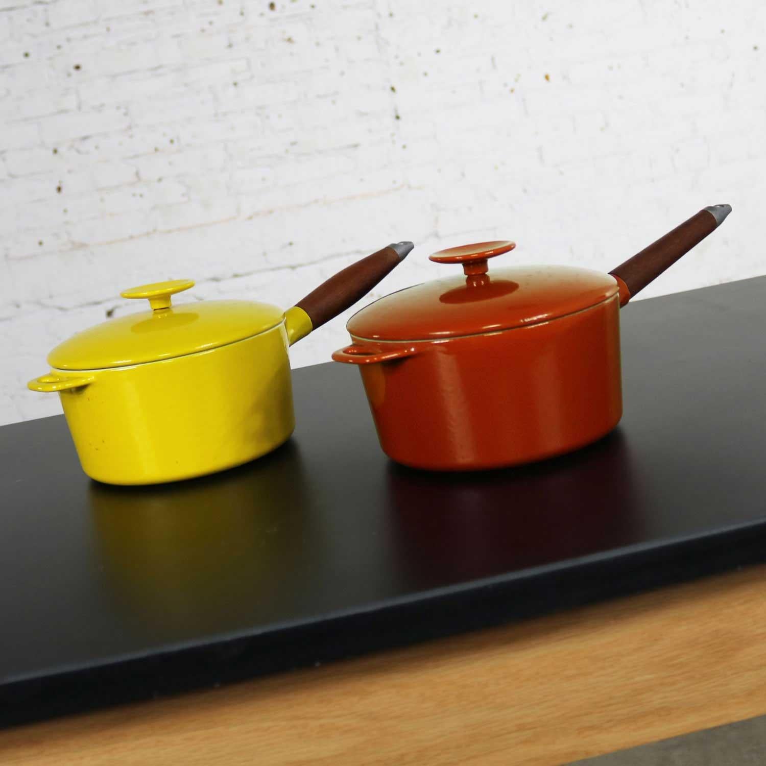 6 Pc Midcentury Danish Modern Enameled Cast Iron Cookware Michael Lax for Copco In Good Condition In Topeka, KS