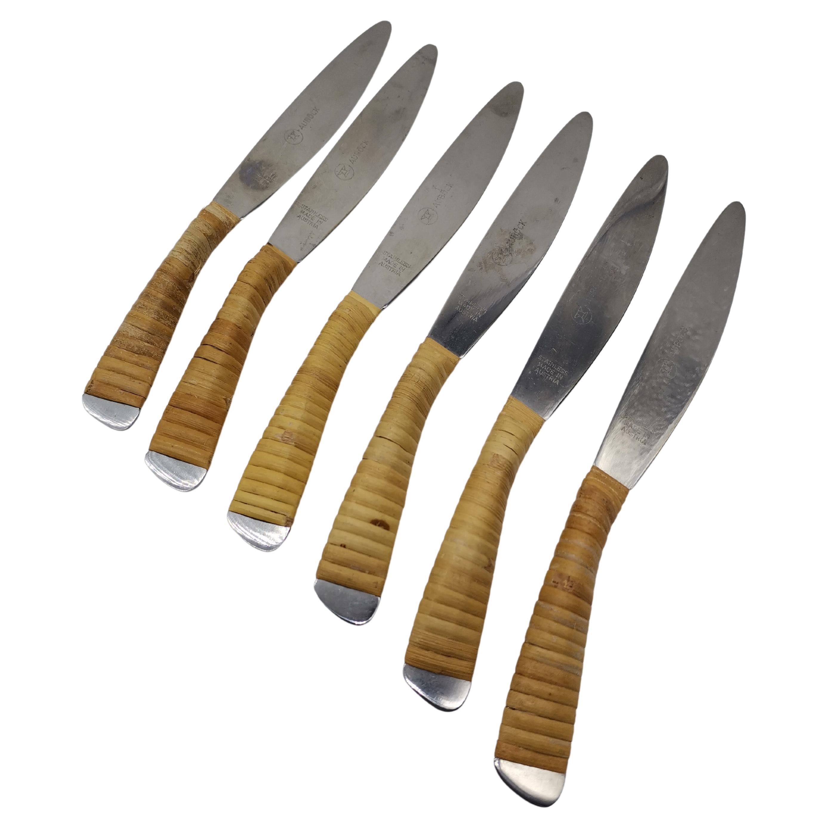 6 pièces. Couteaux à couverts, acier inoxydable et bois, Carl Aubck, Vienne, Autriche en vente