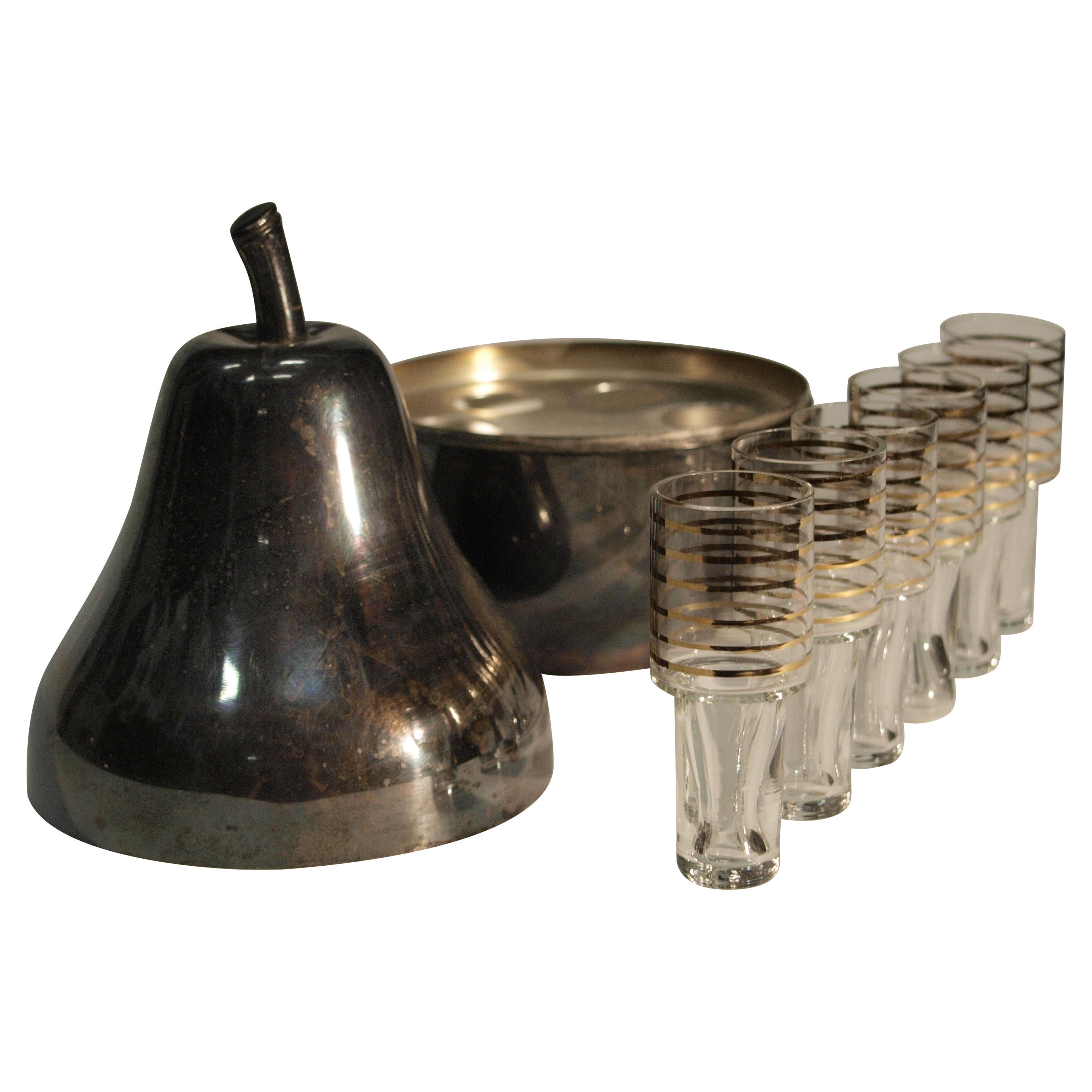 6 Pcs, Liquor Glasses with Holder in Pear Shape, Silvered Metal