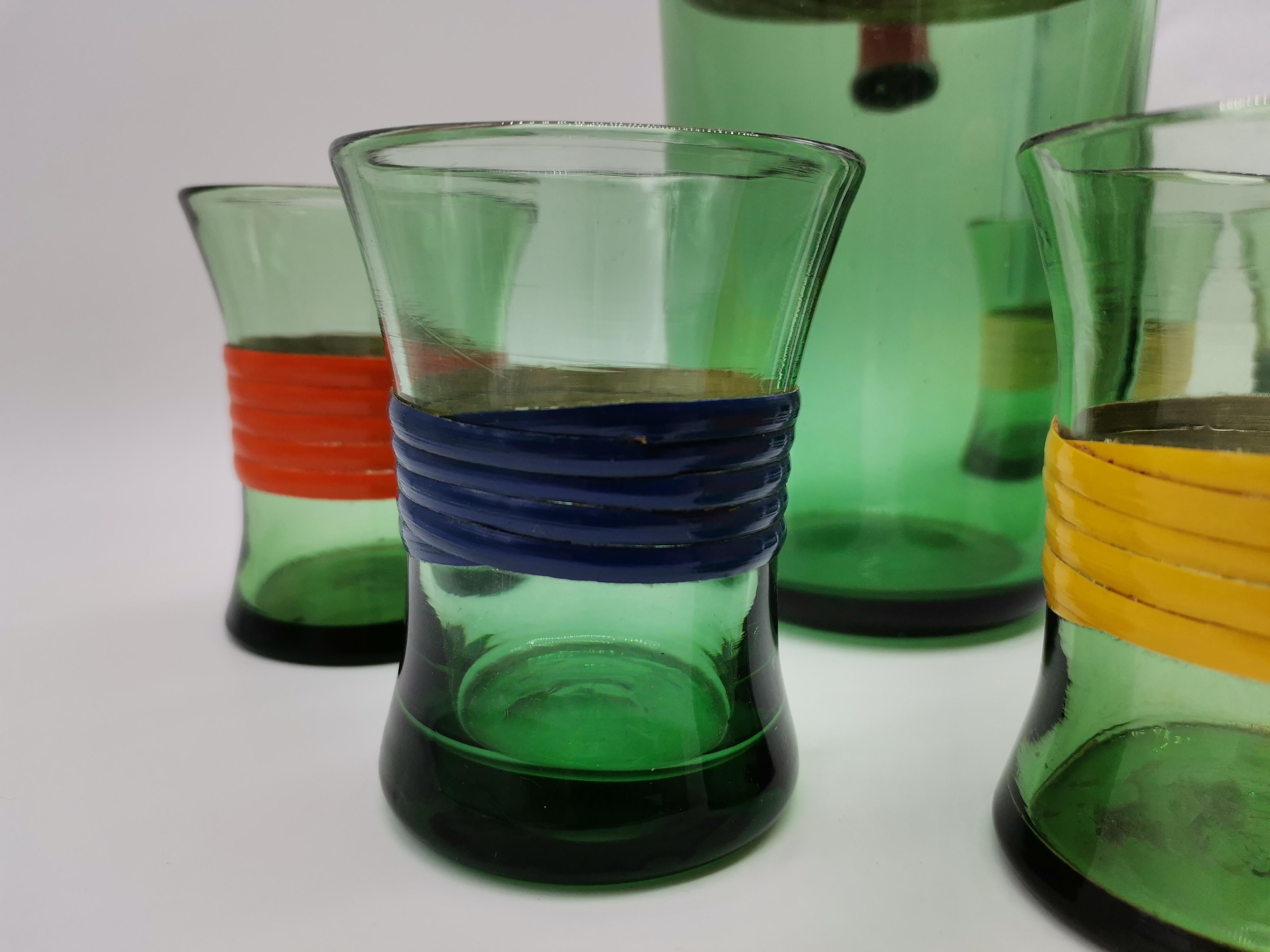 6 Pcs, Small Glasses with Carafe, Glass and Wood In Good Condition For Sale In Vienna, AT