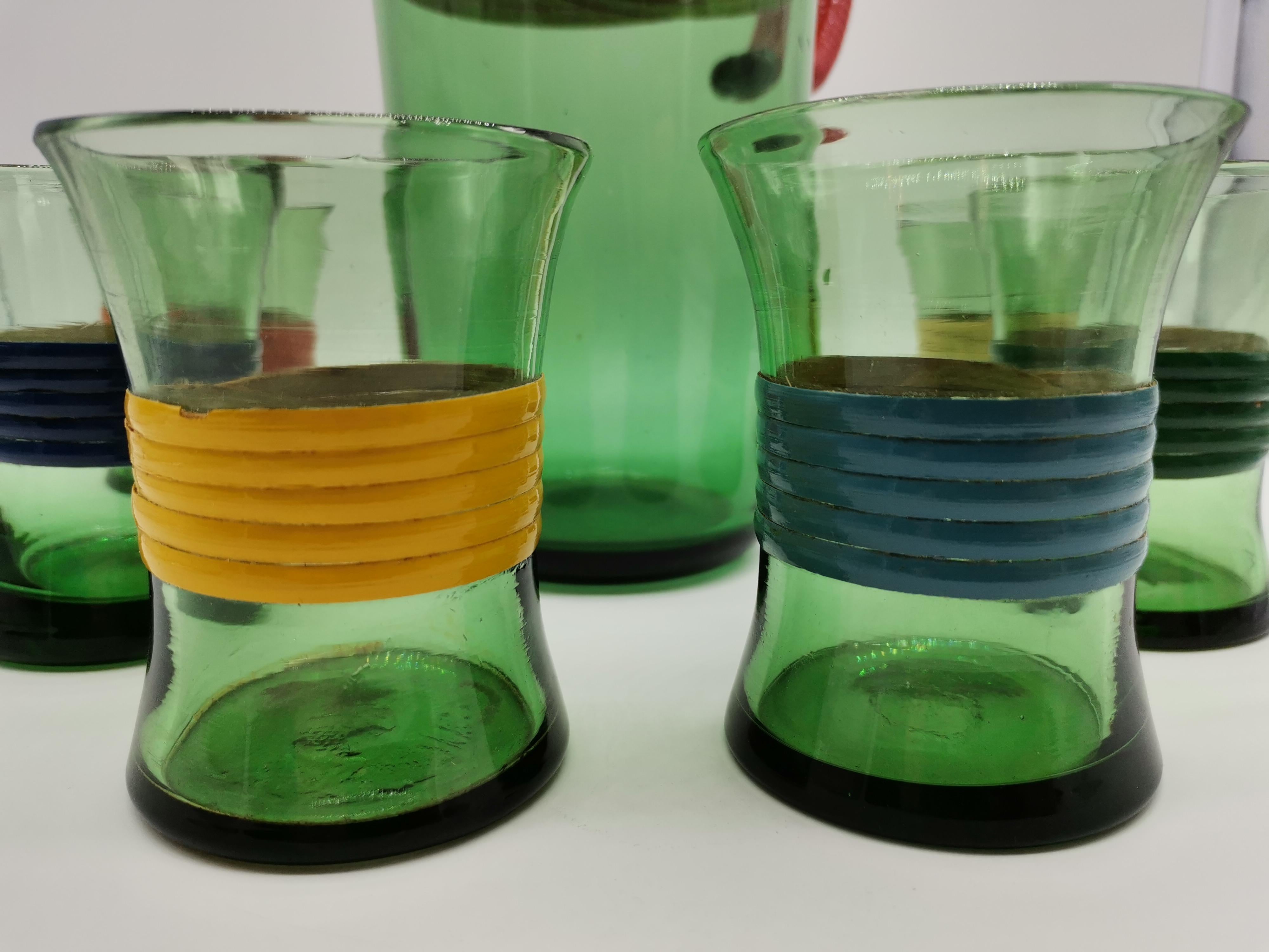 20th Century 6 Pcs, Small Glasses with Carafe, Glass and Wood For Sale