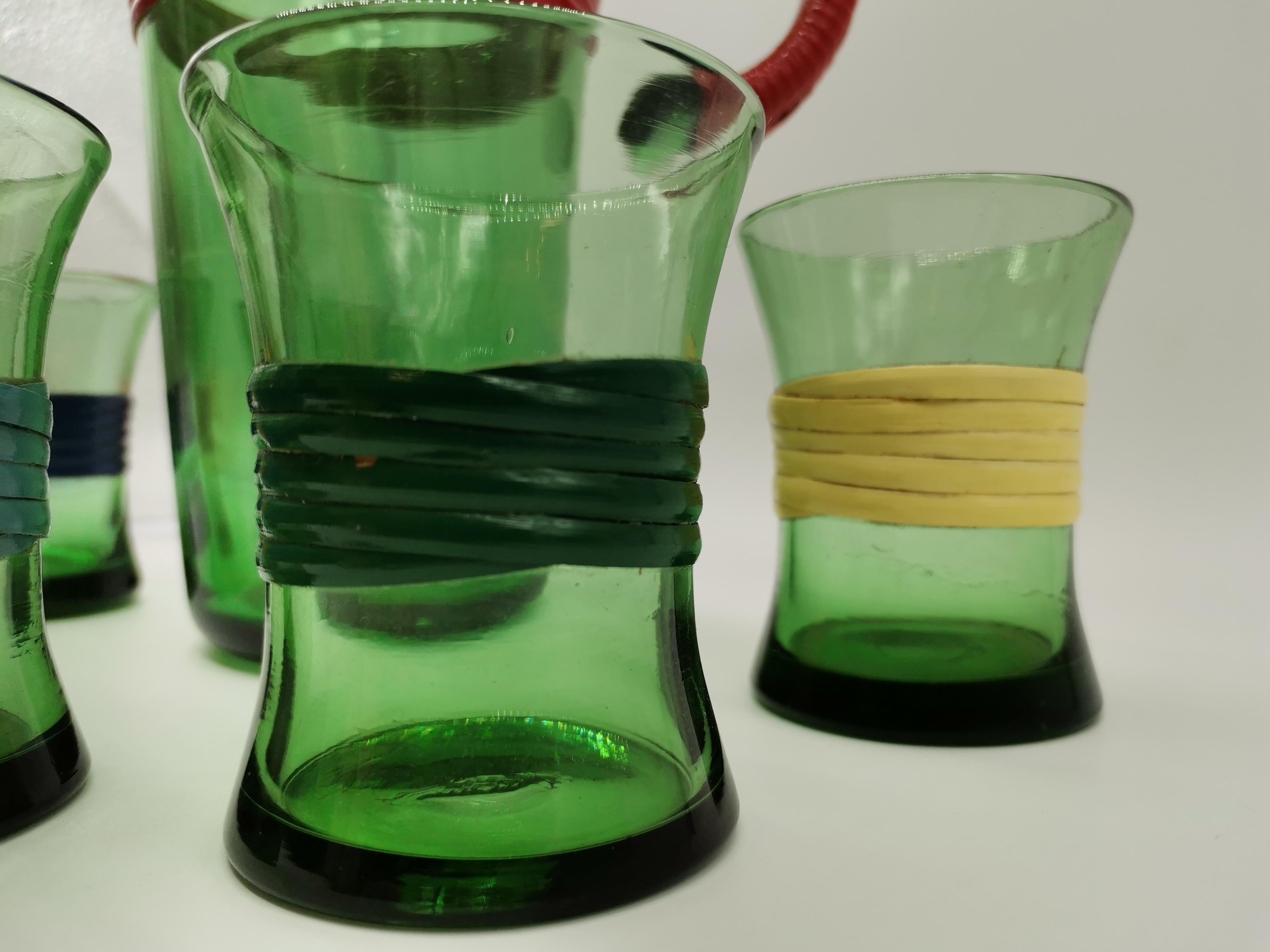 6 Pcs, Small Glasses with Carafe, Glass and Wood For Sale 1