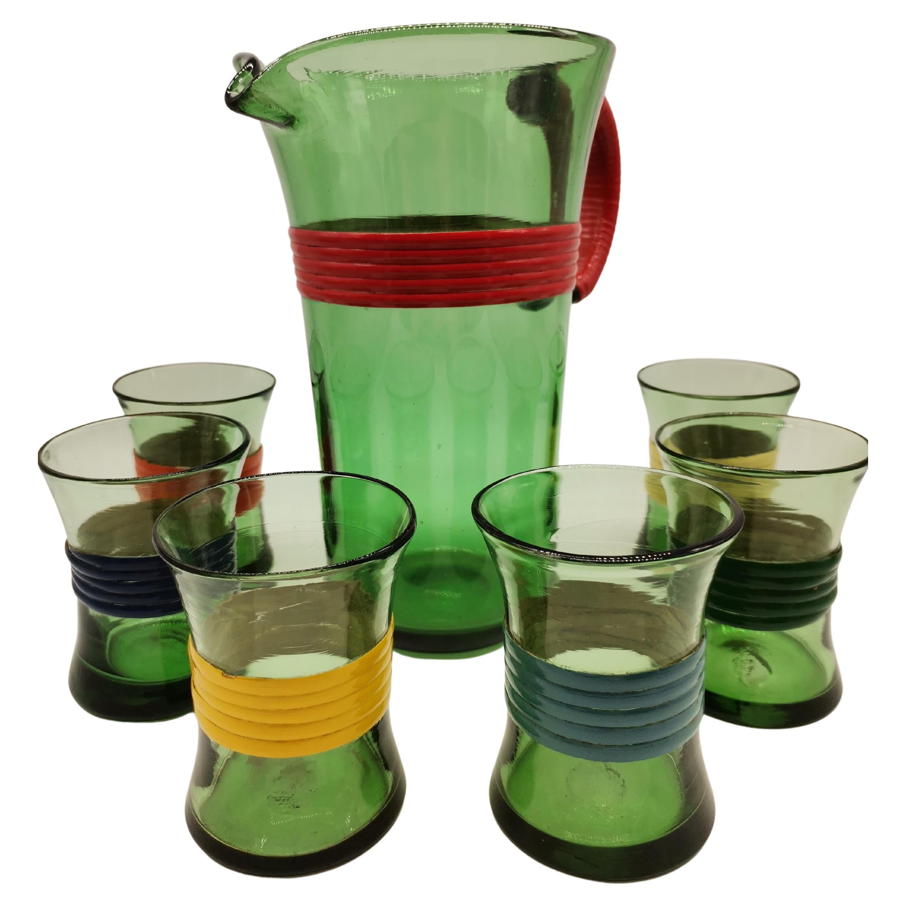 6 Pcs, Small Glasses with Carafe, Glass and Wood For Sale