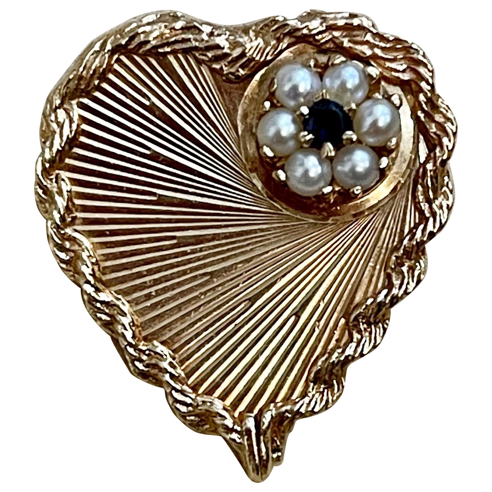 6 Pearl and Sapphire Heart Shaped 14 Karat Gold Pin or Broach Affordable, Estate