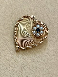6 Pearl and Sapphire Heart Shaped 14 Karat Gold Pin or Broach Affordable, Estate