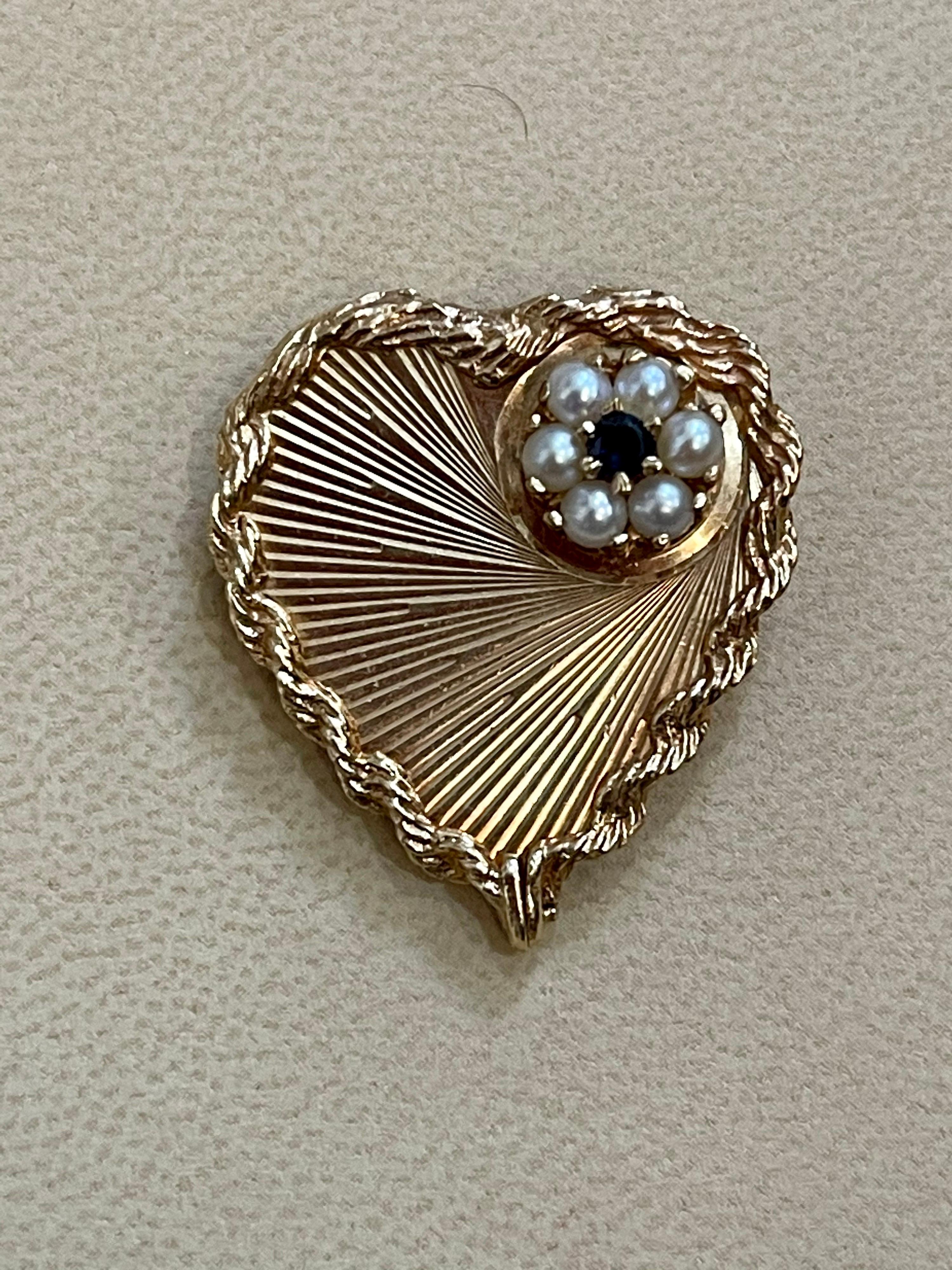 Women's 6 Pearl and Sapphire Heart Shaped 14 Karat Gold Pin or Broach Affordable, Estate