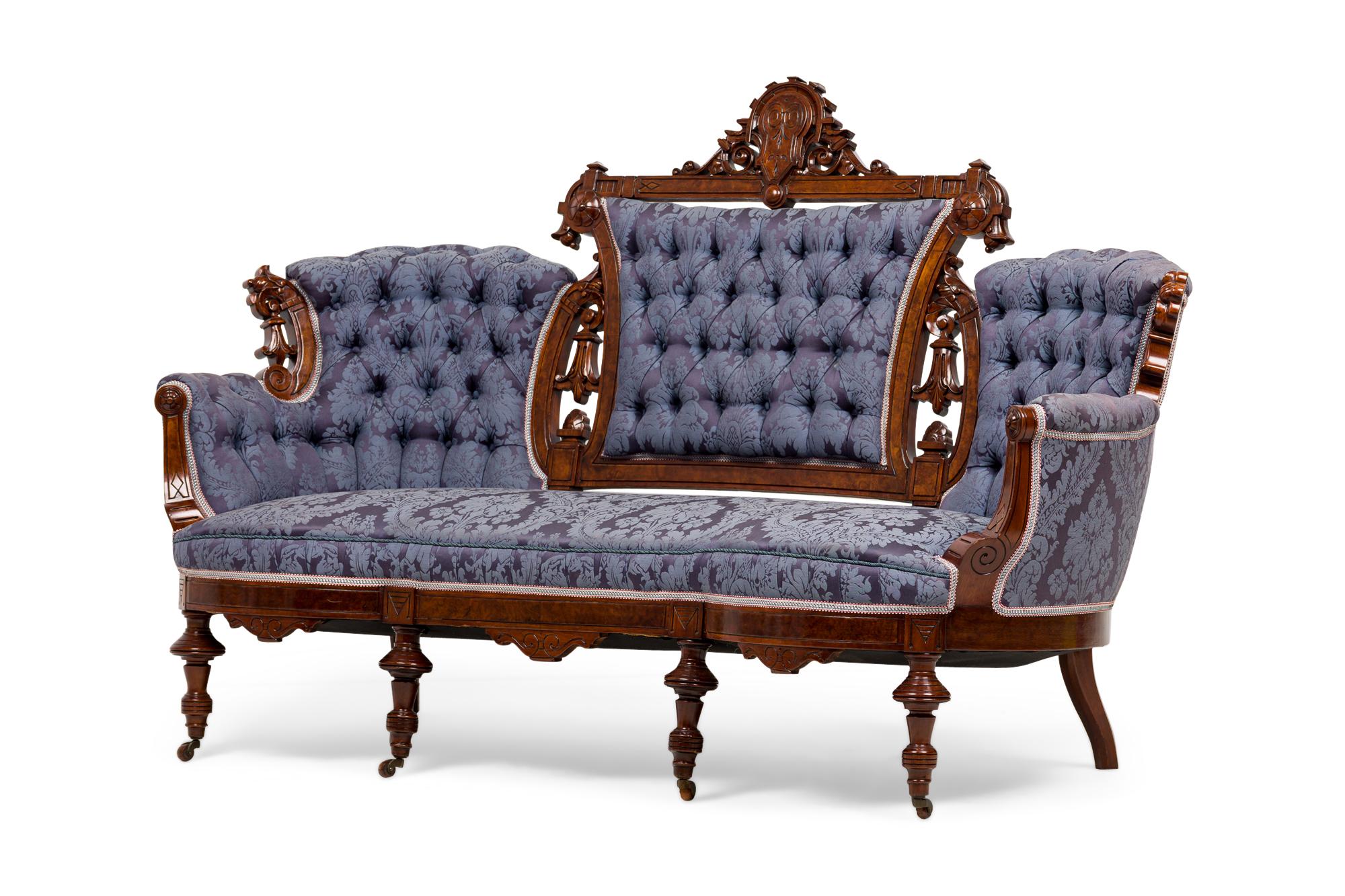 6 Piece American Victorian Blue Tufted Damask Mahogany Living Room Set In Good Condition For Sale In New York, NY