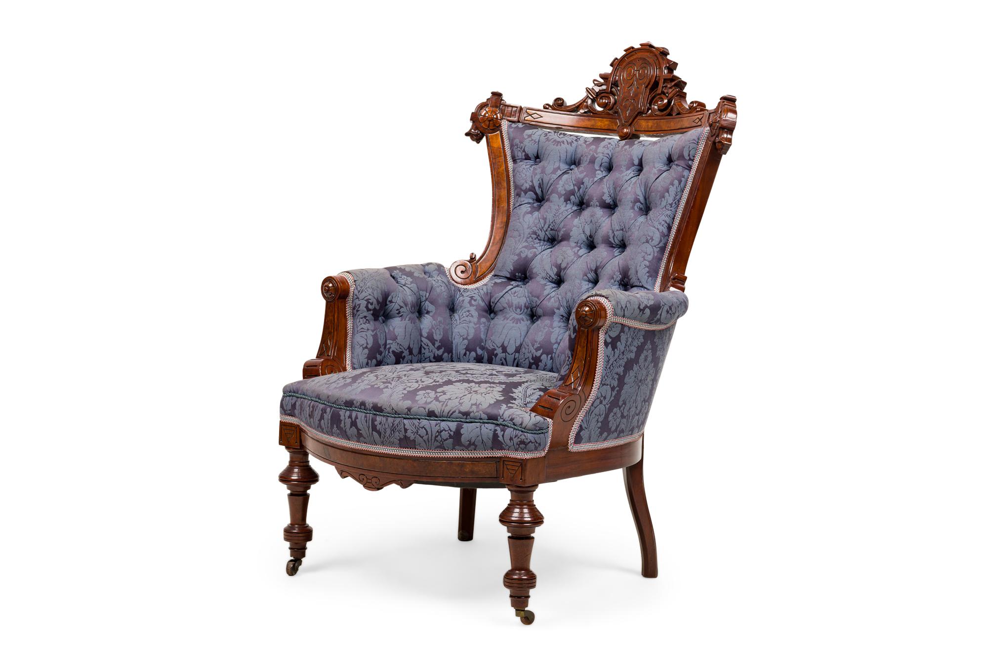 Set da salotto 6 pezzi American Victorian Blue Tufted Damask Mahogany In condizioni buone in vendita a Queens, NY