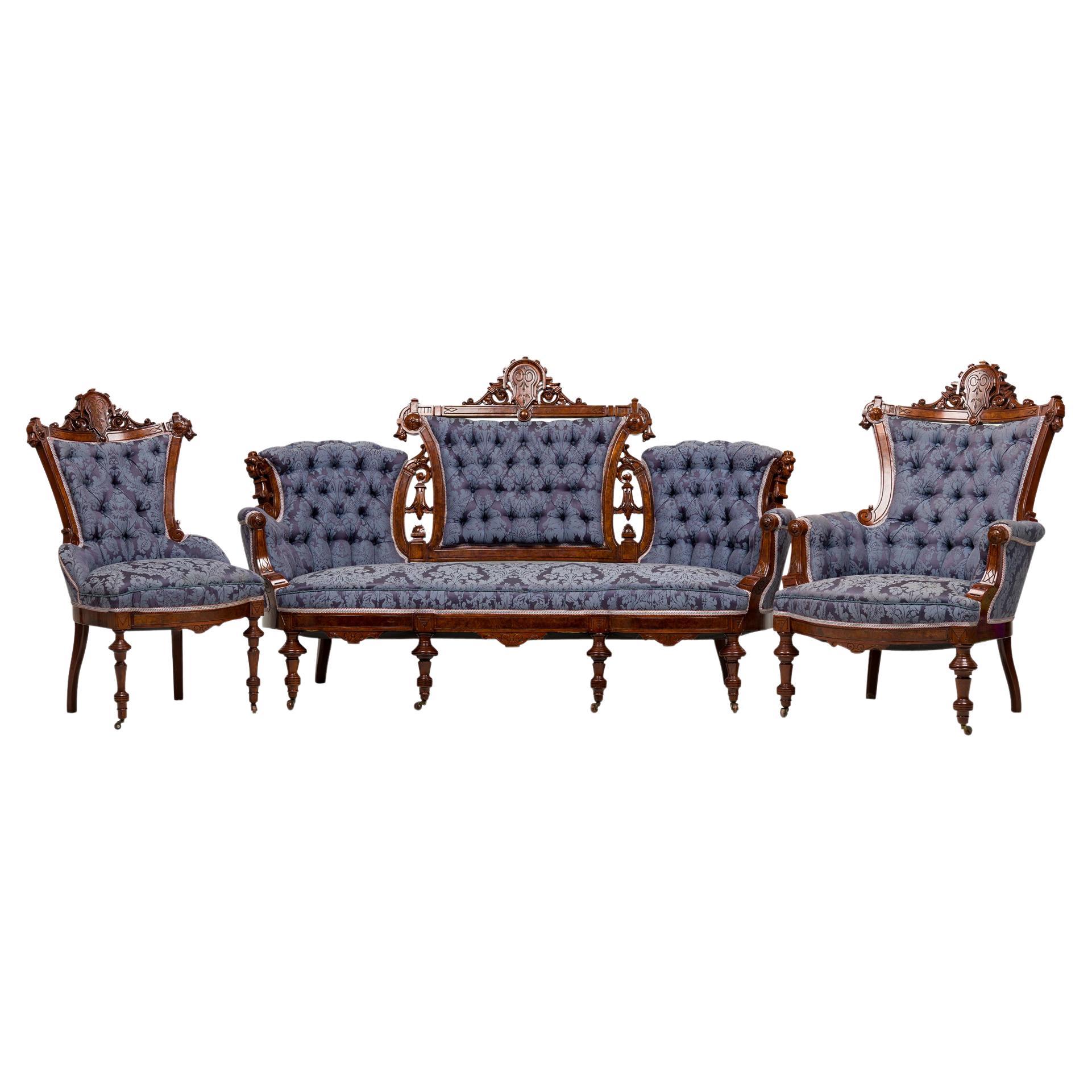 6teiliges amerikanisches viktorianisches blau getuftetes Damast-Mahagoni-Wohnzimmer-Set aus Damast