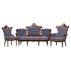 6 Piece American Victorian Blue Tufted Damask Mahogany Living Room Set