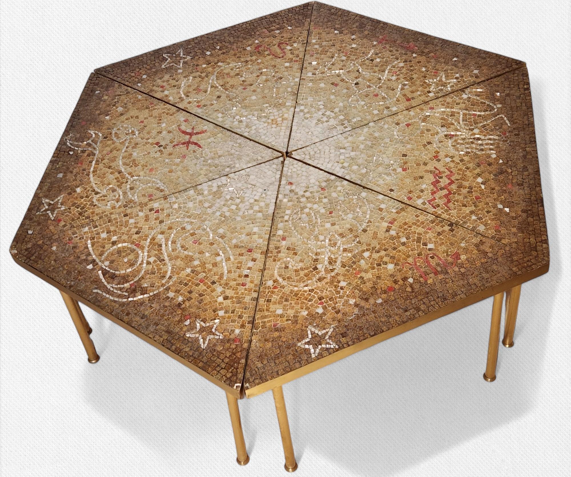 6 Piece Glass Mosaic Tile Coffee Table Genaro Alvarez Cosmic, Mexico, 1950s For Sale 4