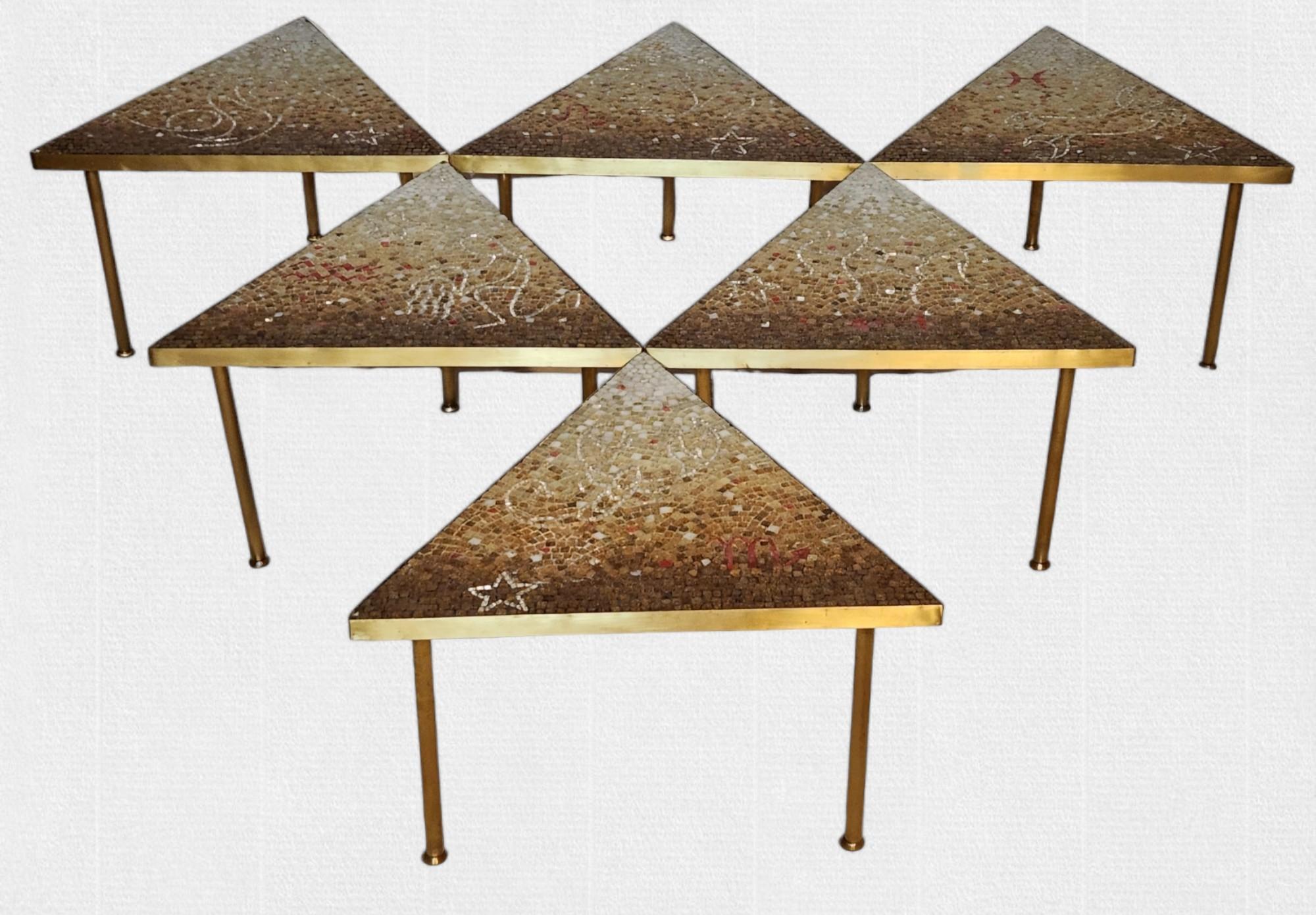 Brass 6 Piece Glass Mosaic Tile Coffee Table Genaro Alvarez Cosmic, Mexico, 1950s For Sale
