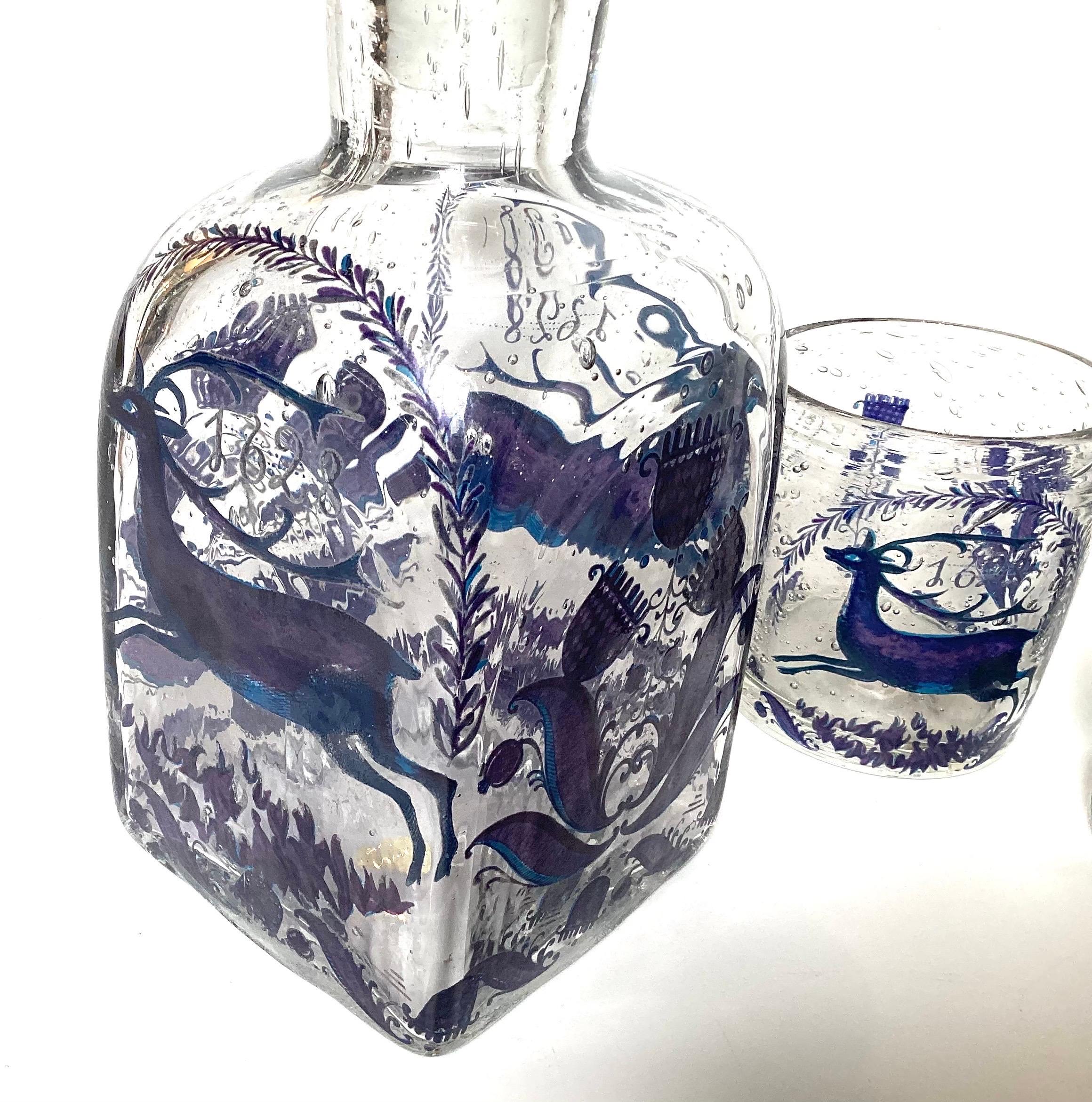 Vetro soffiato Set di 6 pezzi di decanter soffiati a mano in stile metà secolo moderno in vendita