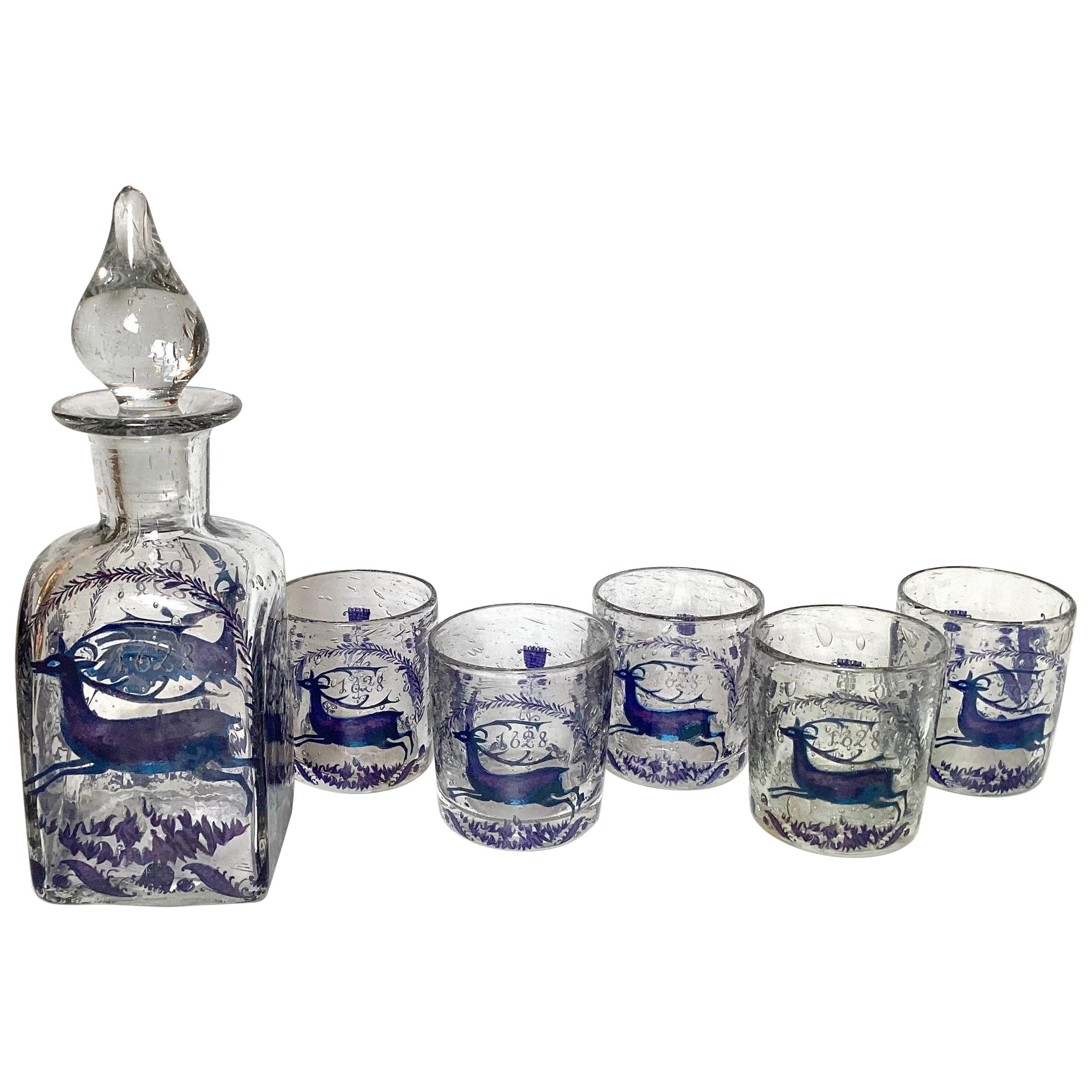 6-teiliges Mid-century modern - mundgeblasenes Dekanter-Set