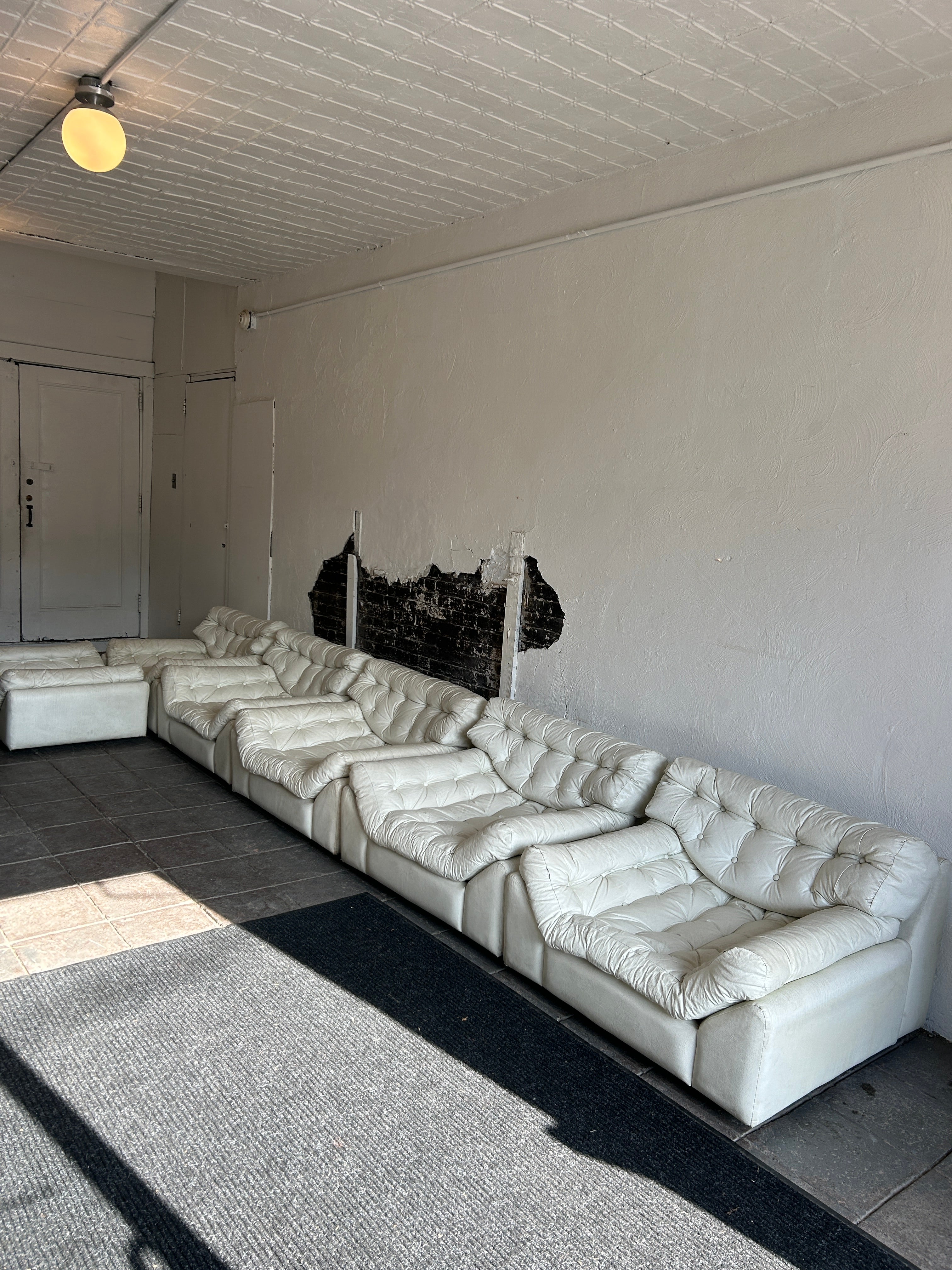 Cool 6 piece Swedish Post modern pop art Low sectional sofa by Lennart Bender Swedish modern pop art 1970s lounge sofa/chairs with (1) ottoman by Lennart Bender for charlton company inc. Very Rare set - bright white Faux leather tufted very low set