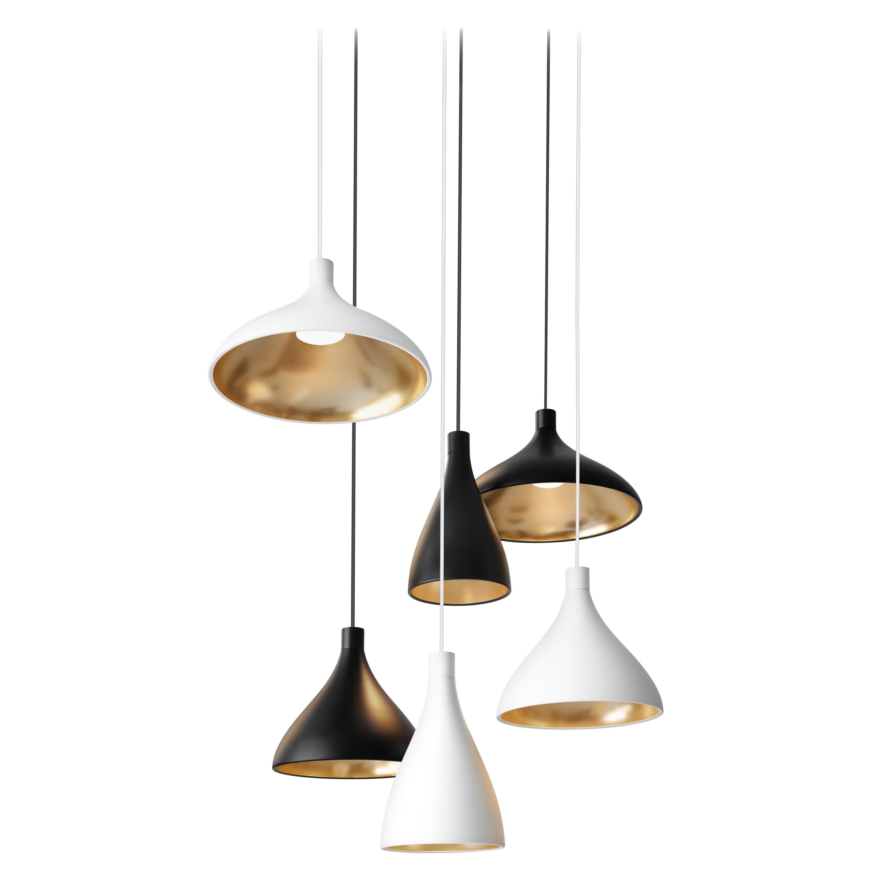 6-Piece Swell Chandelier in White and Brass with Canopy by Pablo Designs