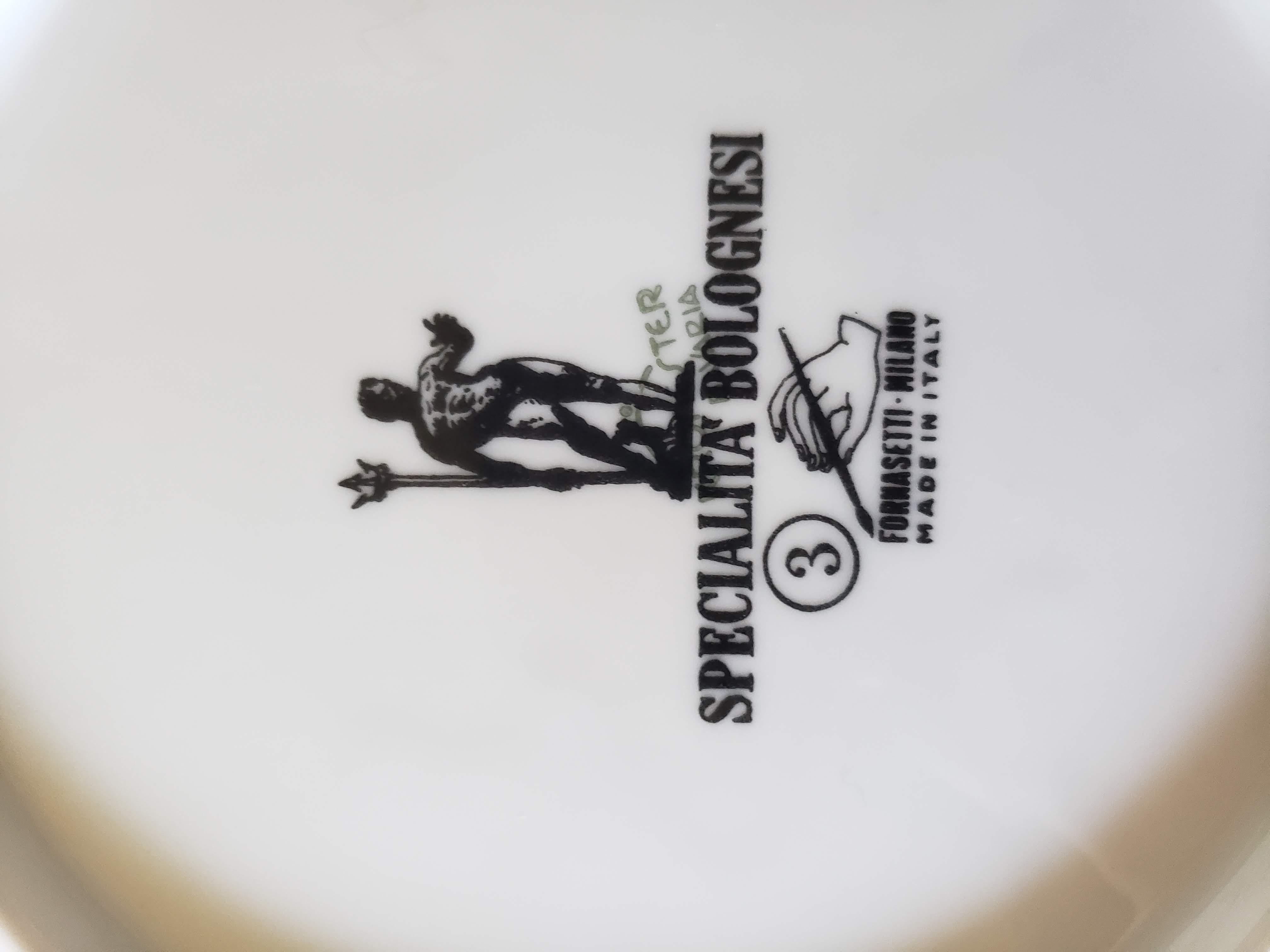 Piero Fornasetti Porcelain Plates with Recipes from Bologna,
Specialita Bolgnese,
Set of Six, 
1960-70.

The set of six Specialità Bolognese porcelain plates, numbered 1-6, designed by Piero Fornasetti are each designed with a different traditional