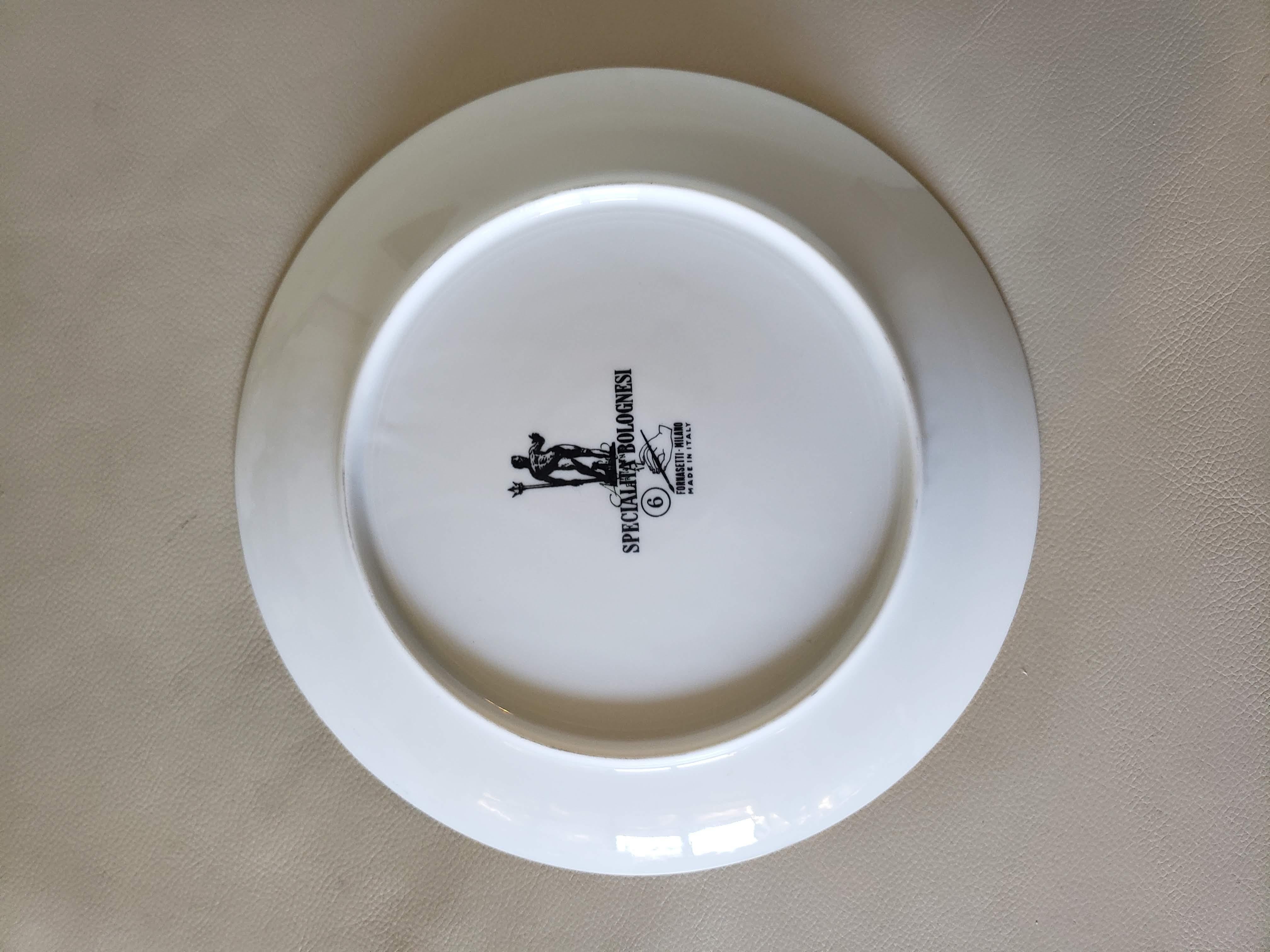 Mid-Century Modern 6 Piero Fornasetti Porcelain Plates with Recipes Specialita Bolognese